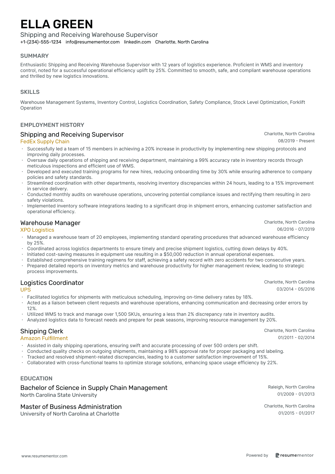 Shipping and Receiving Warehouse Supervisor