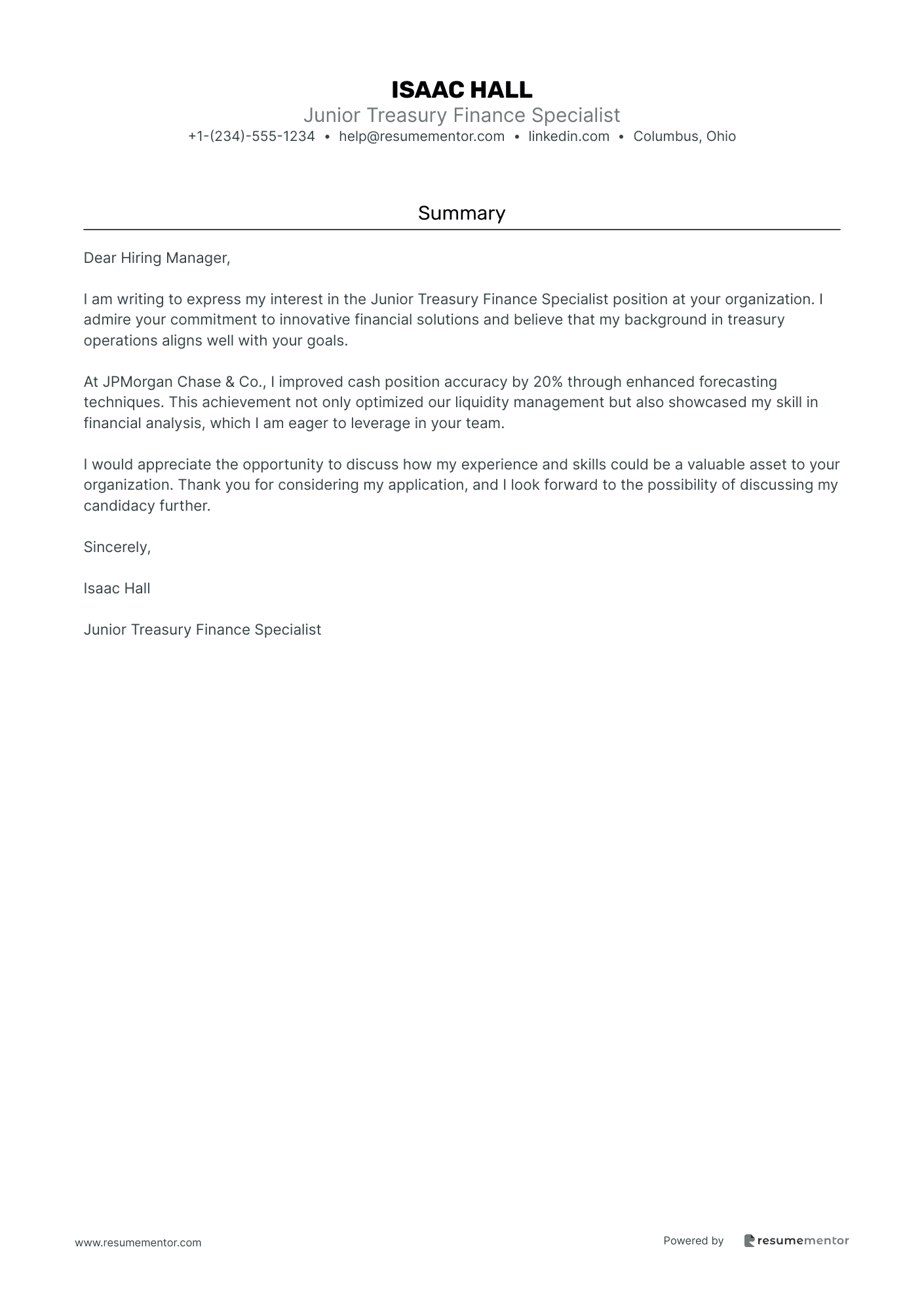Junior Treasury Finance Specialist