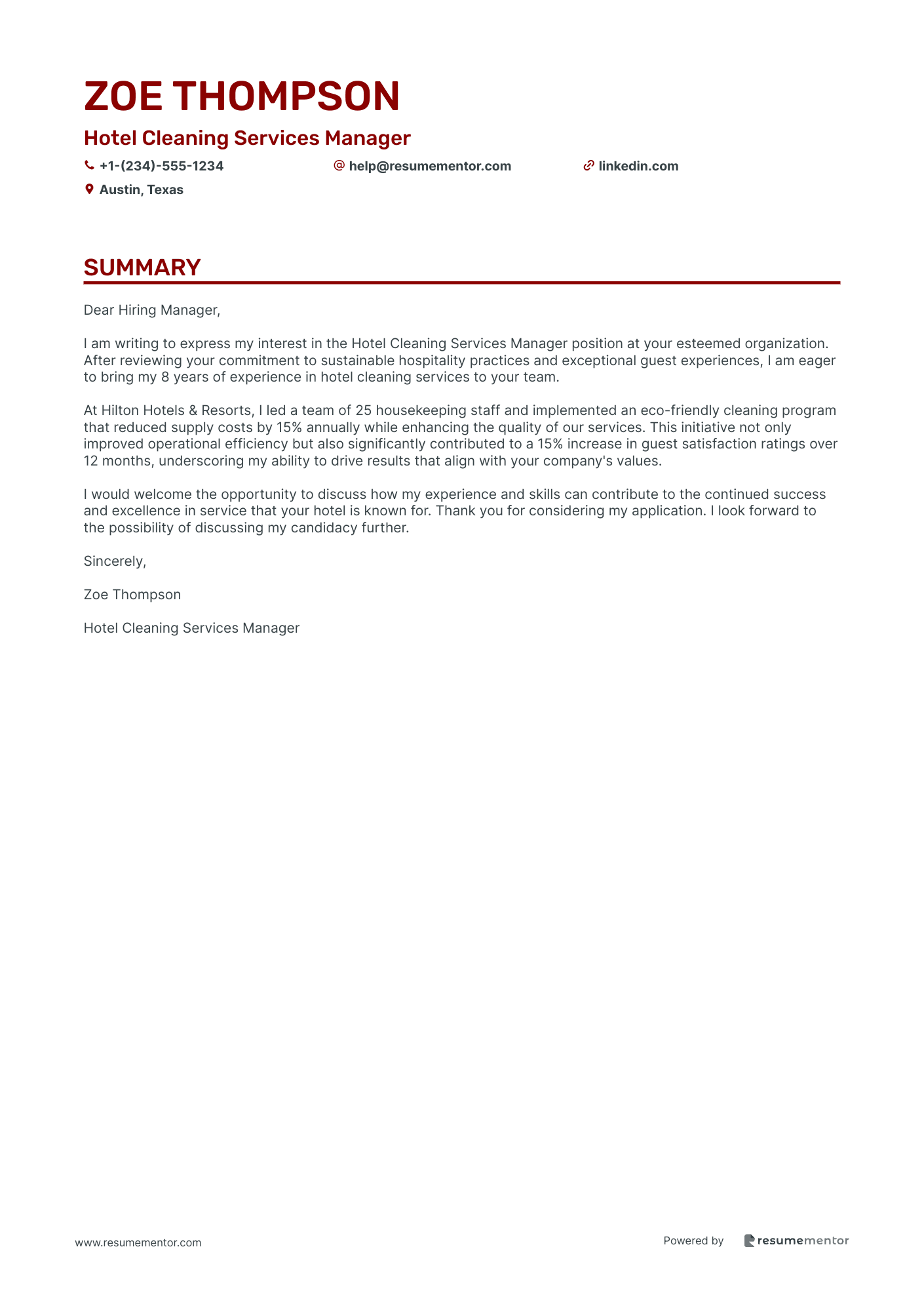 Hotel Cleaning Services Manager