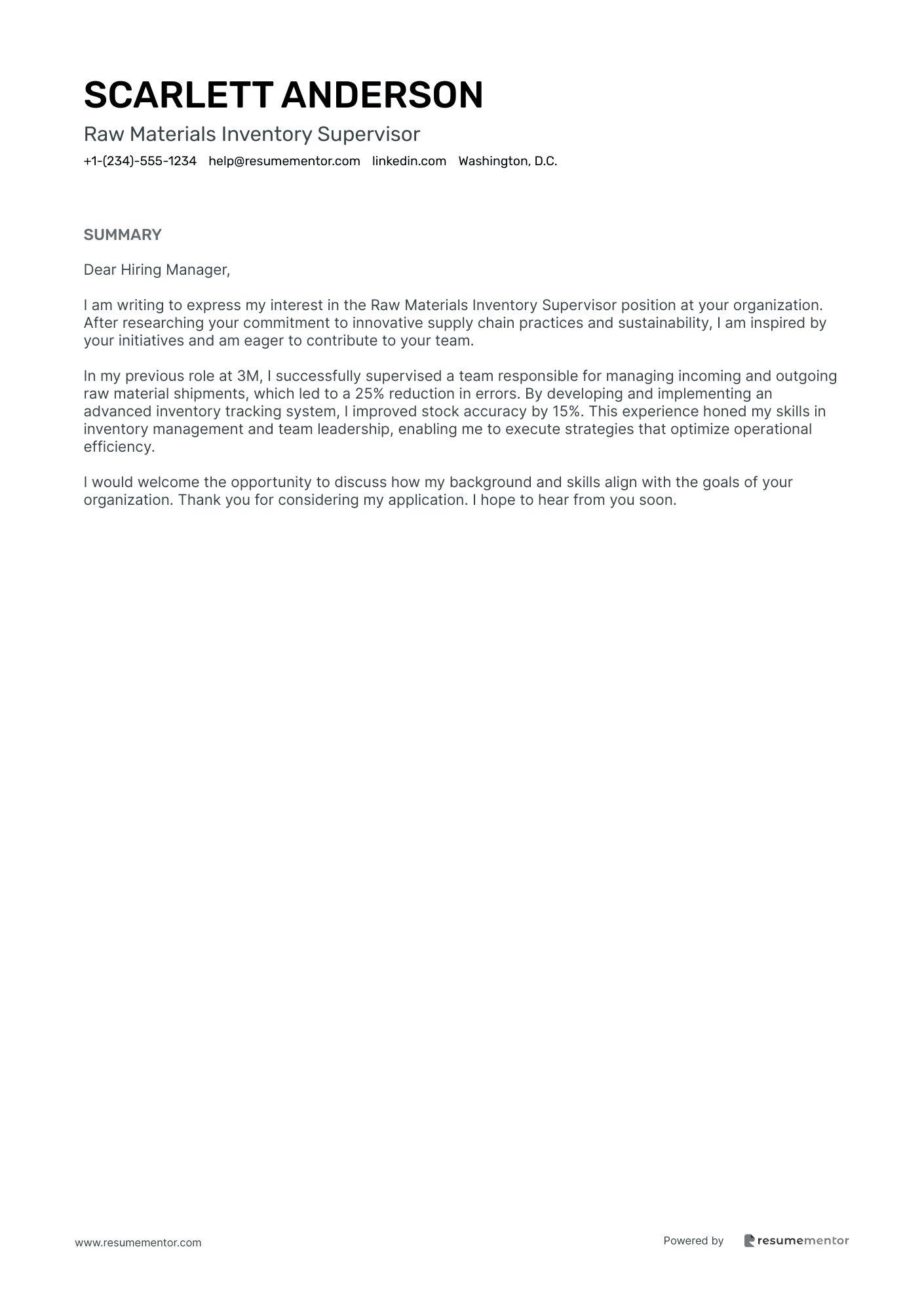Raw Materials Inventory Supervisor