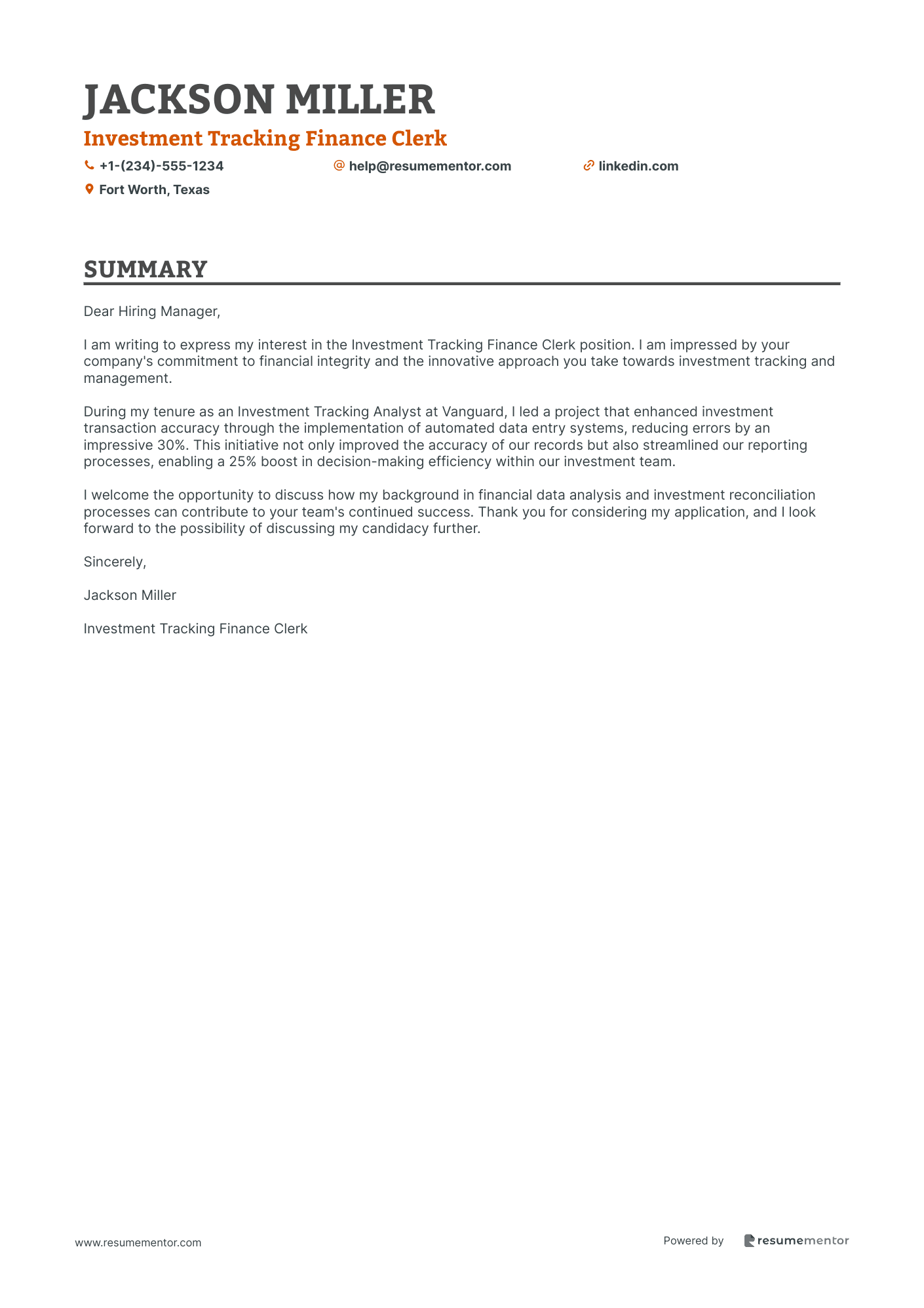 Investment Tracking Finance Clerk