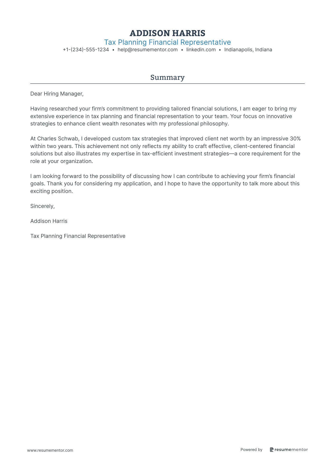 Tax Planning Financial Representative
