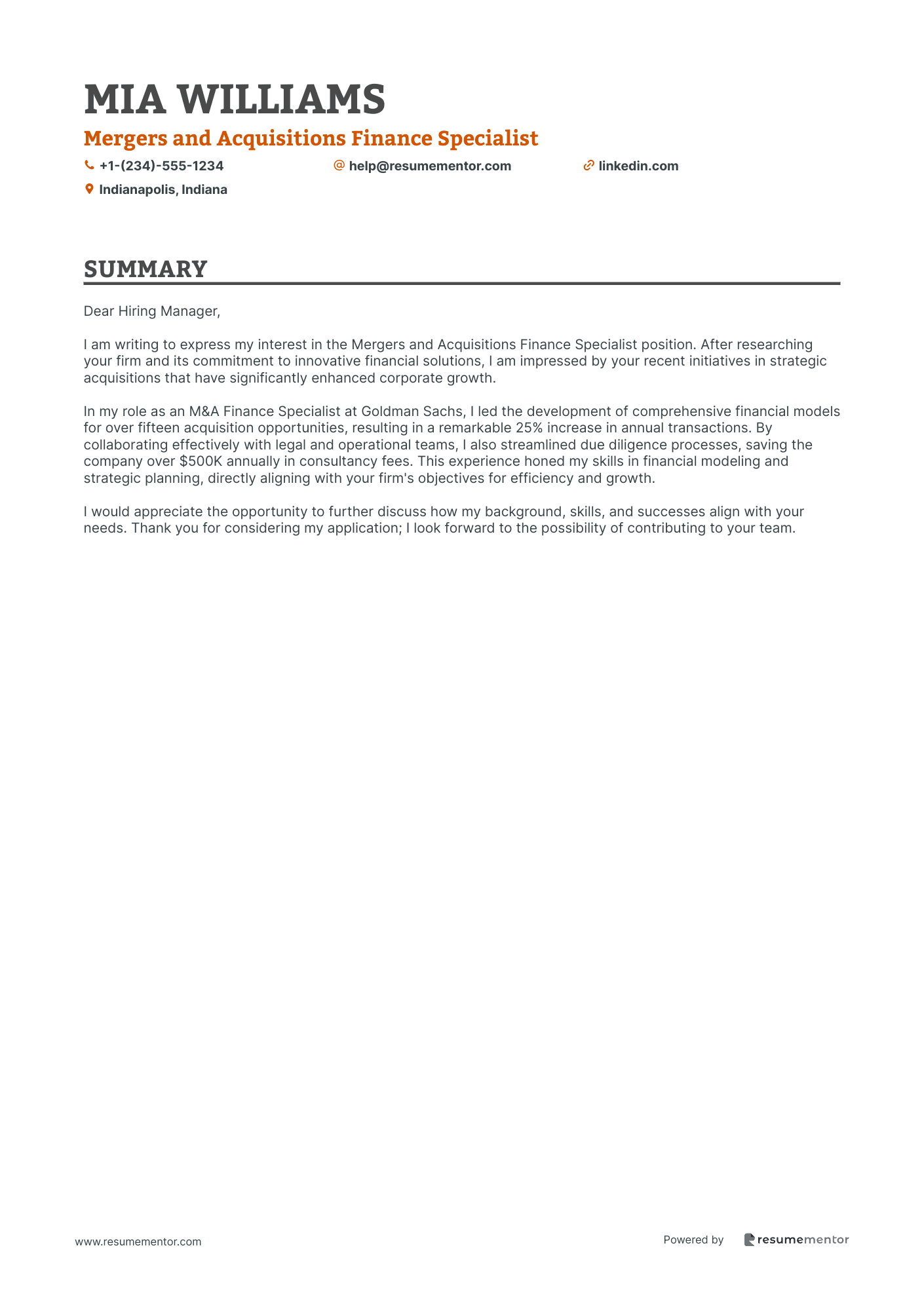 Mergers and Acquisitions Finance Specialist