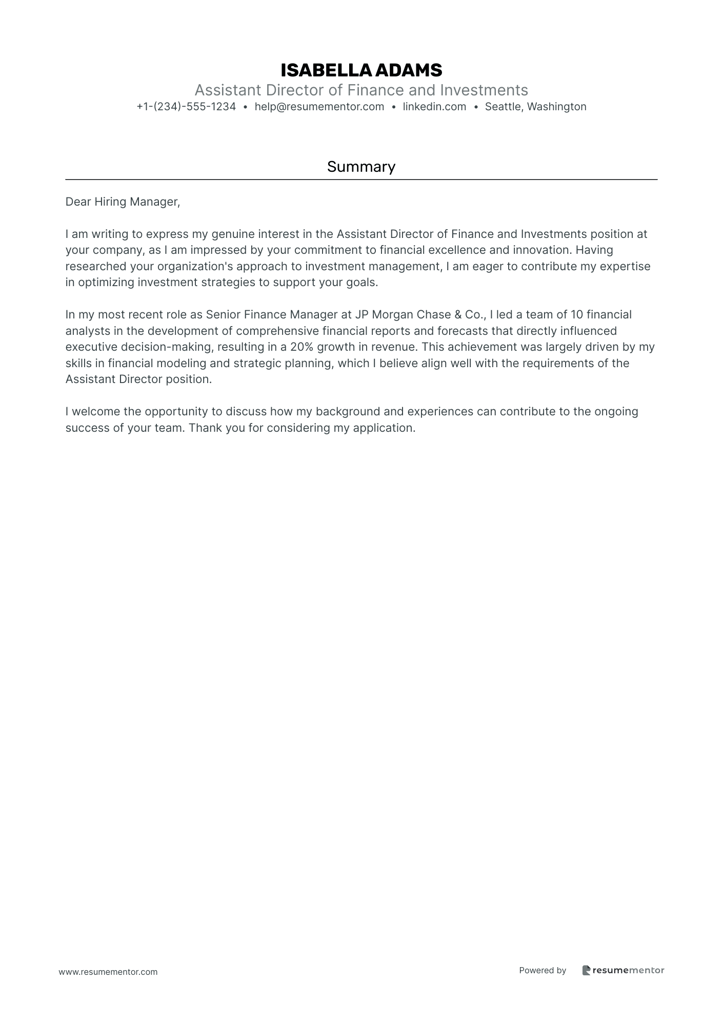 Assistant Director of Finance and Investments