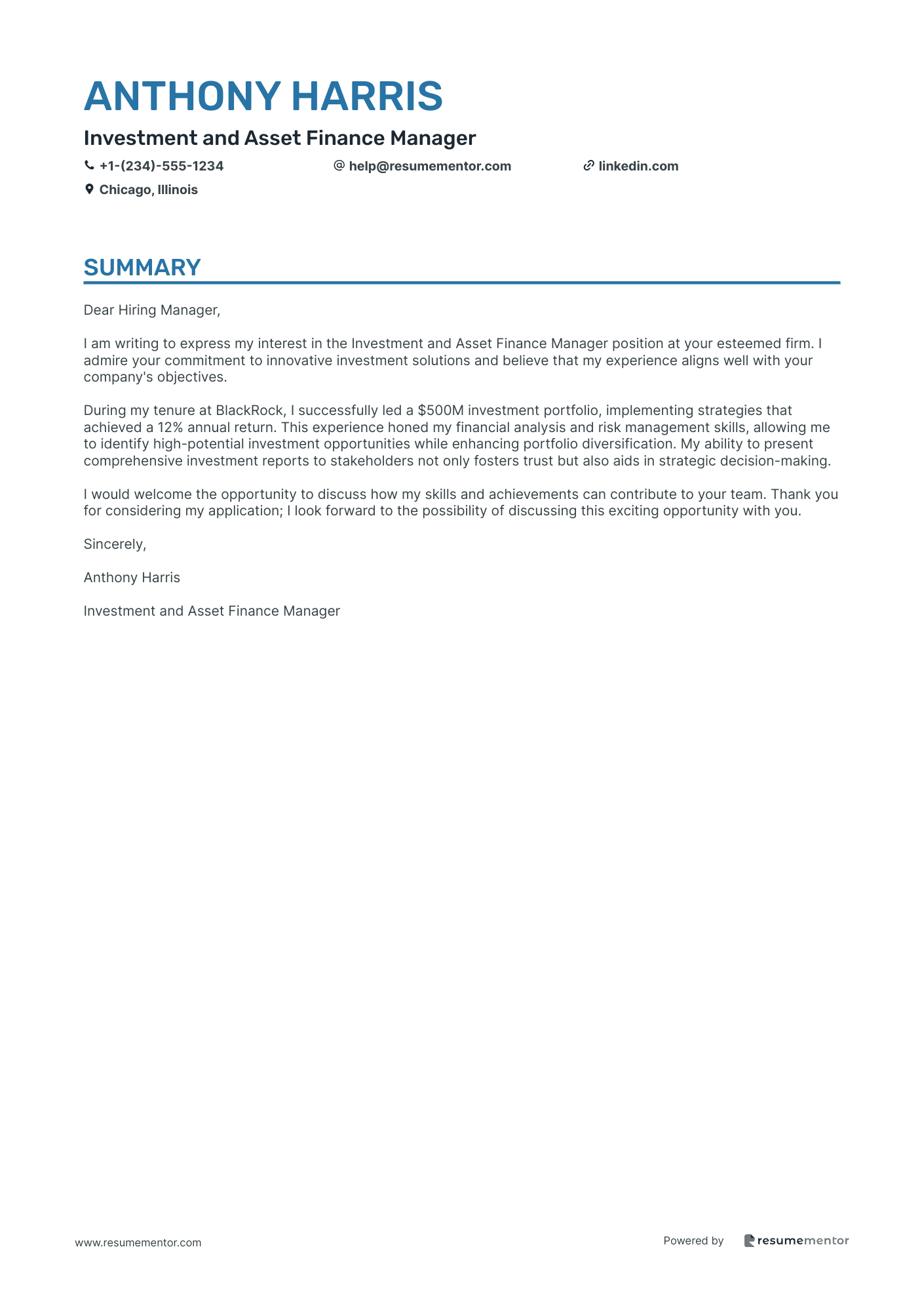 Investment and Asset Finance Manager