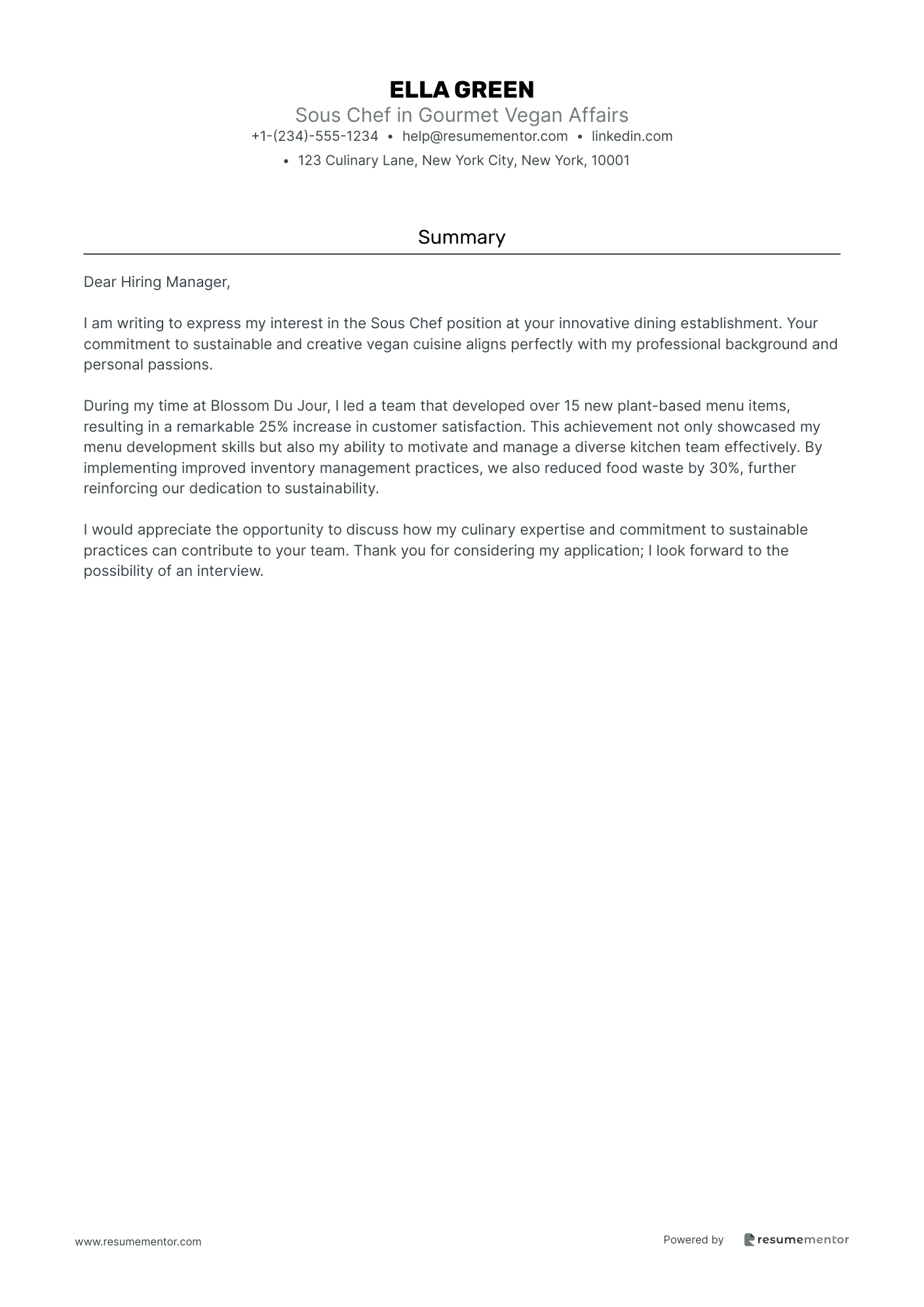 Sous Chef in Gourmet Vegan Affairs