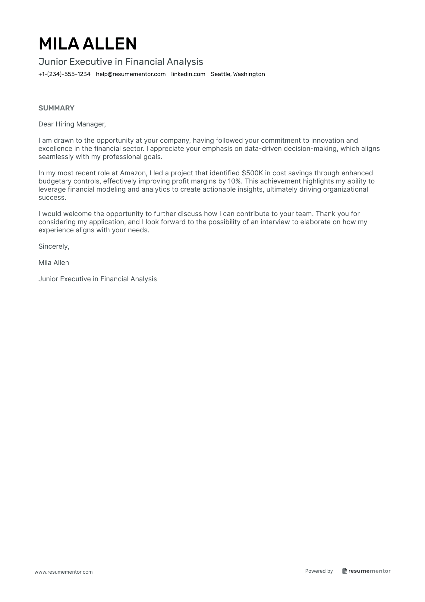 Junior Executive in Financial Analysis