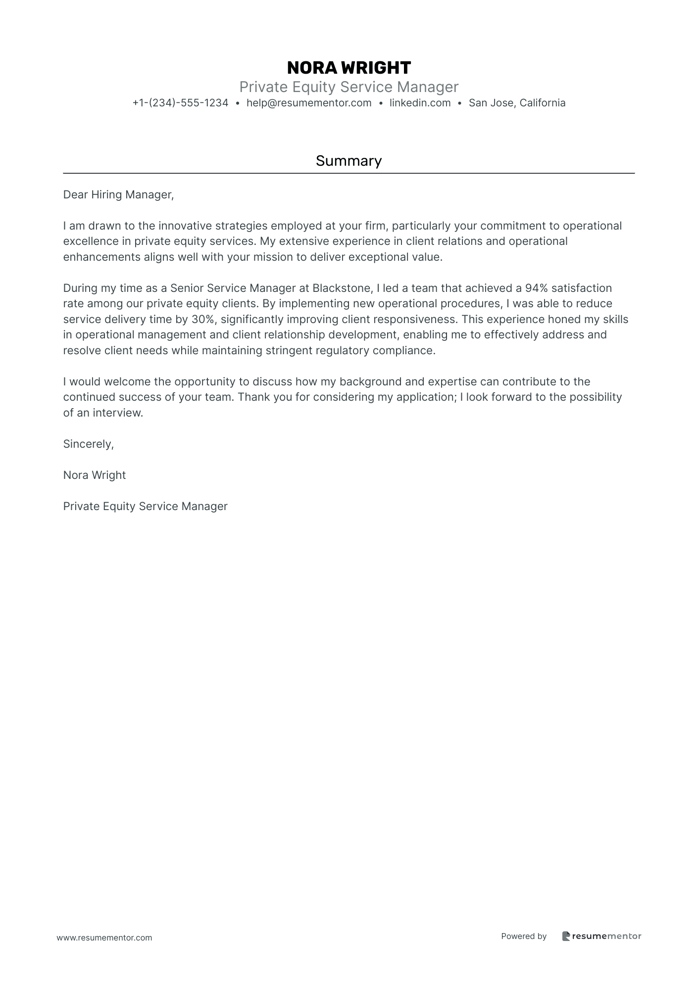 Private Equity Service Manager