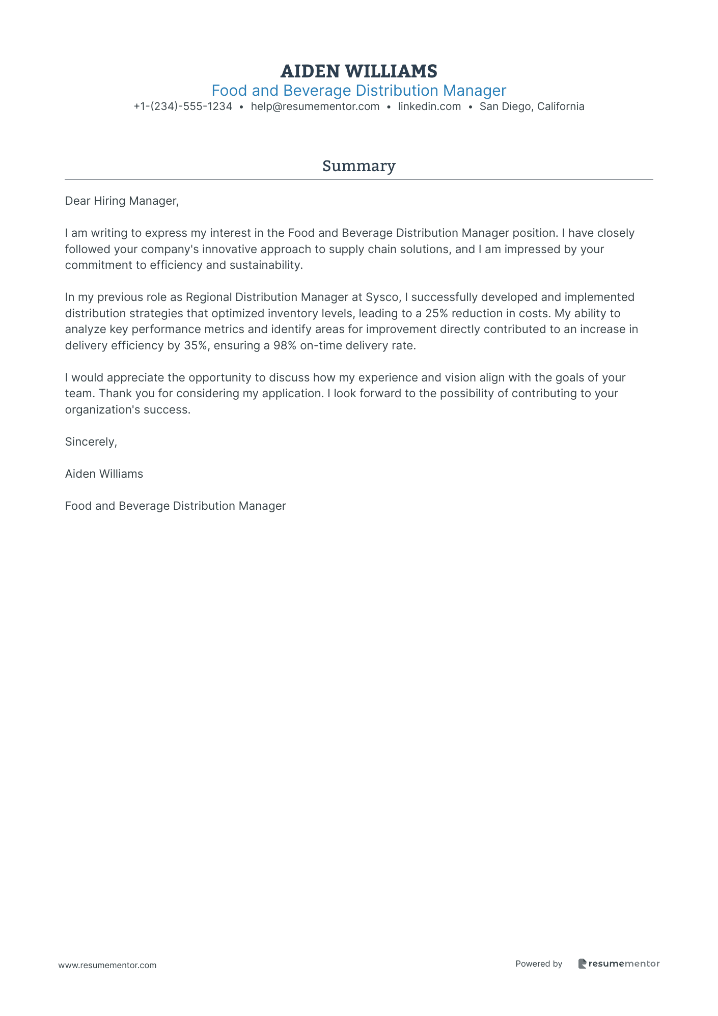 Food and Beverage Distribution Manager