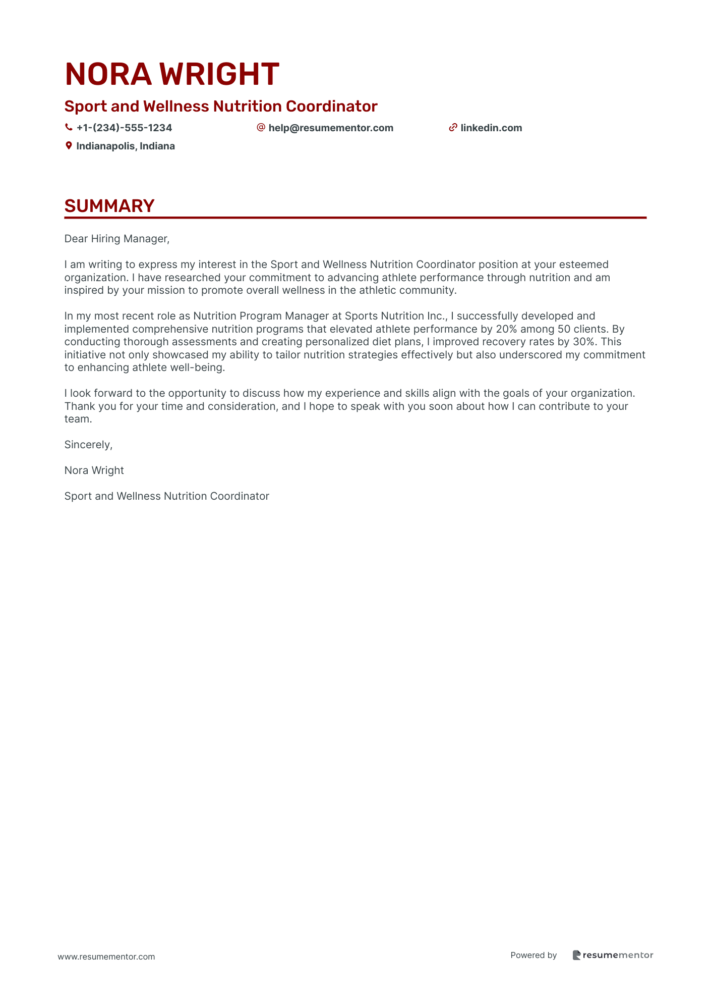 Sport and Wellness Nutrition Coordinator