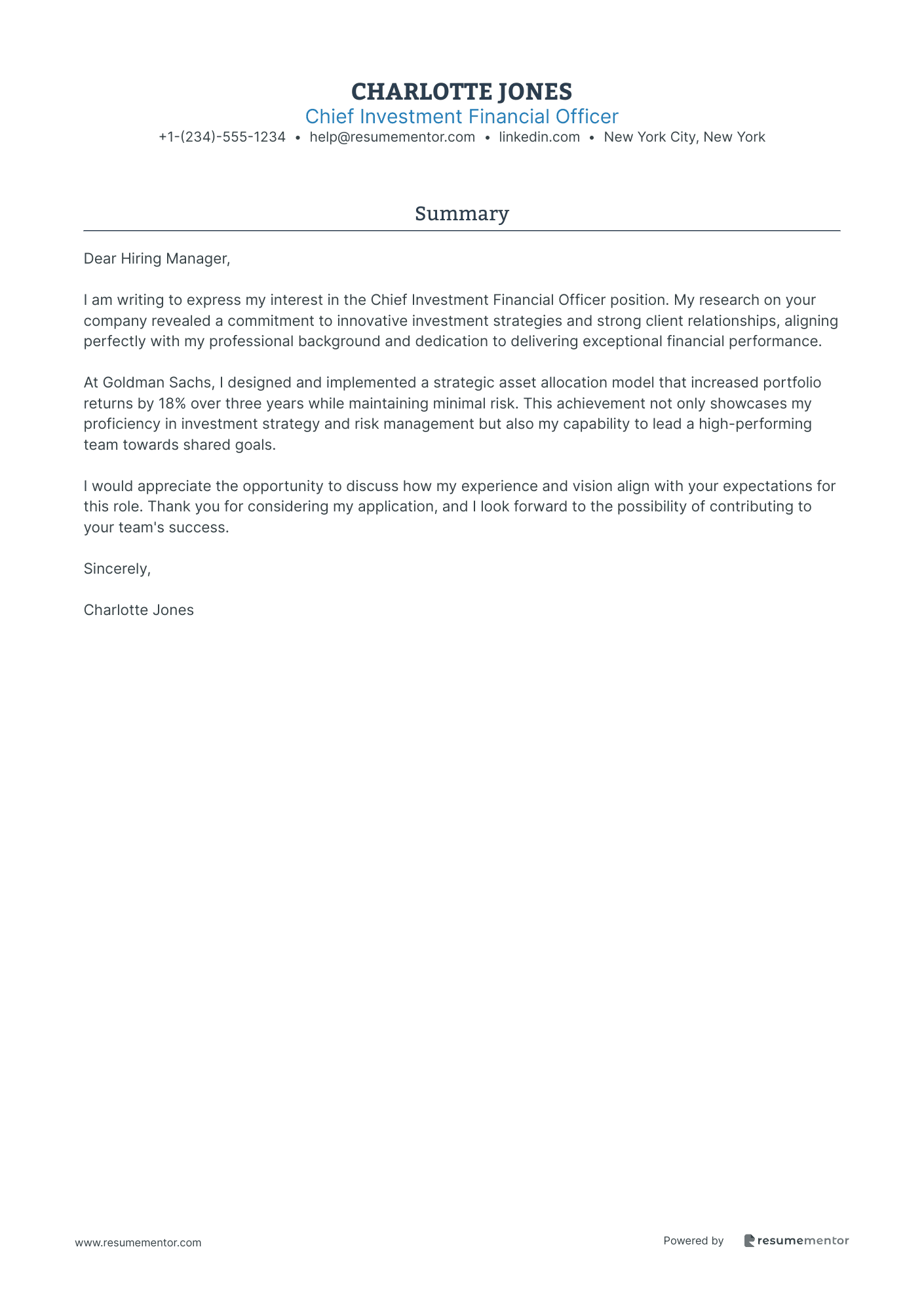 Chief Investment Financial Officer