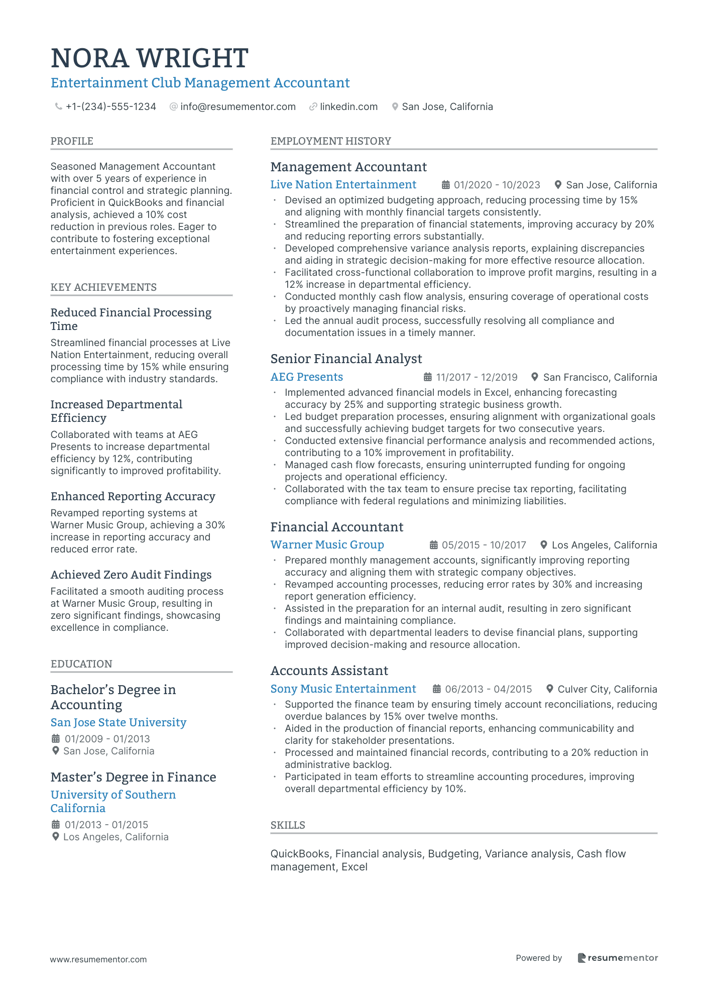 Entertainment Club Management Accountant