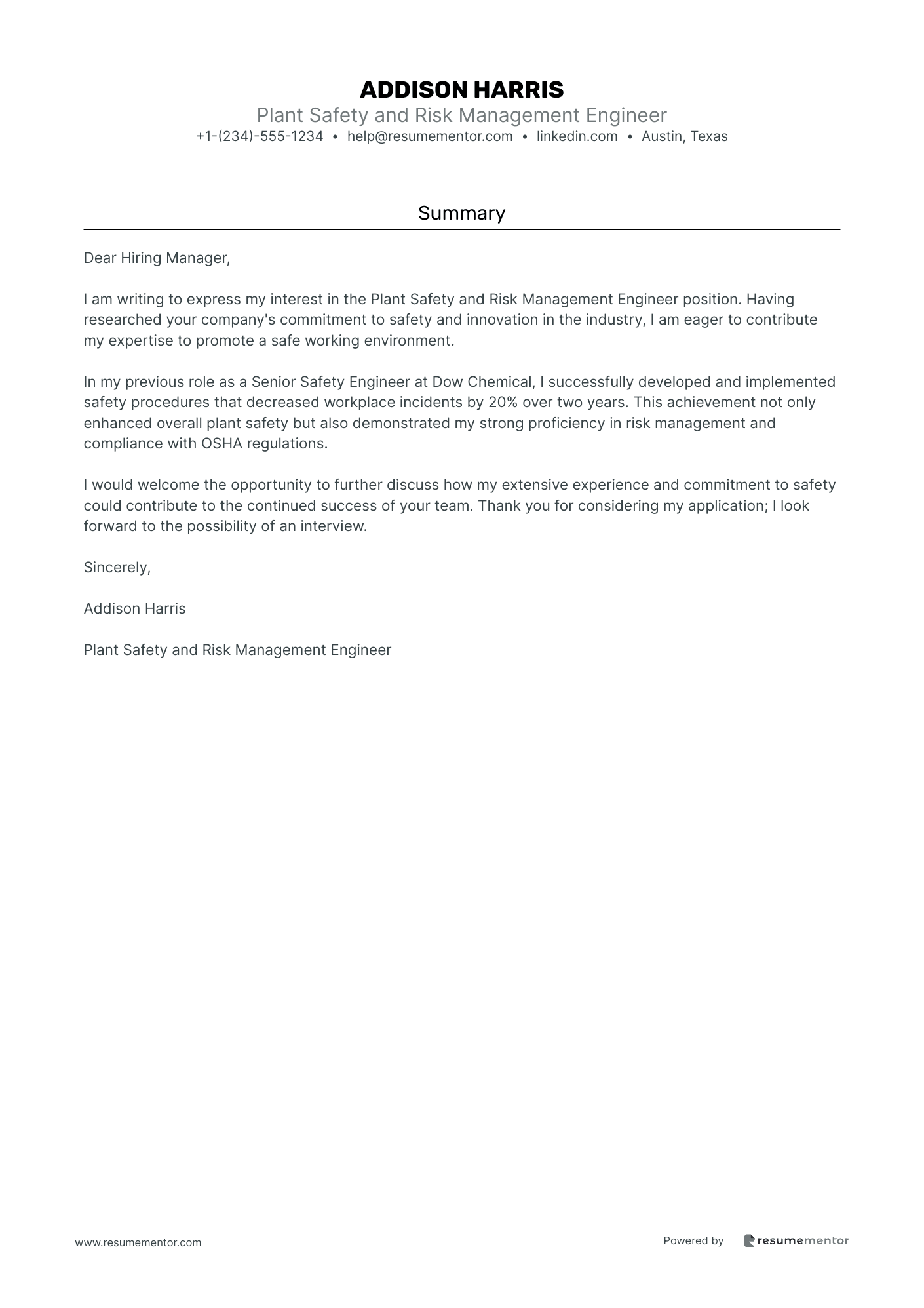 Plant Safety and Risk Management Engineer