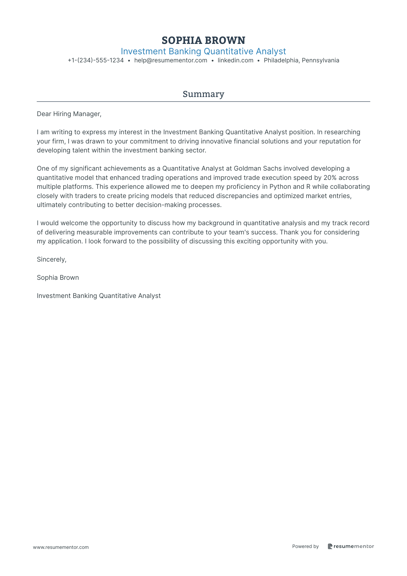 Investment Banking Quantitative Analyst