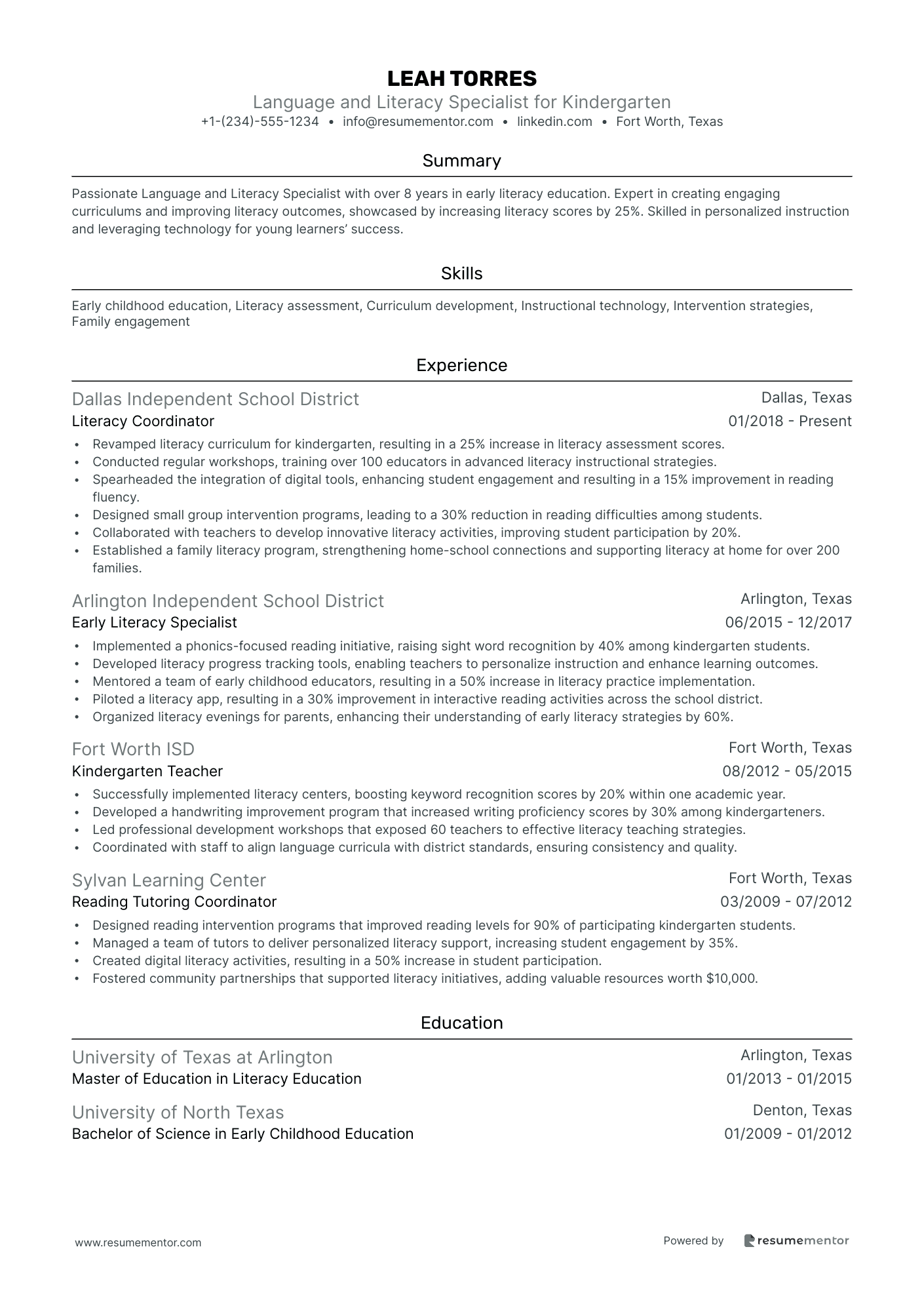Language and Literacy Specialist for Kindergarten