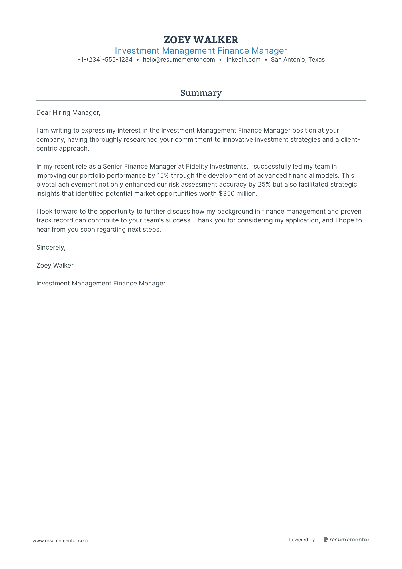 Investment Management Finance Manager