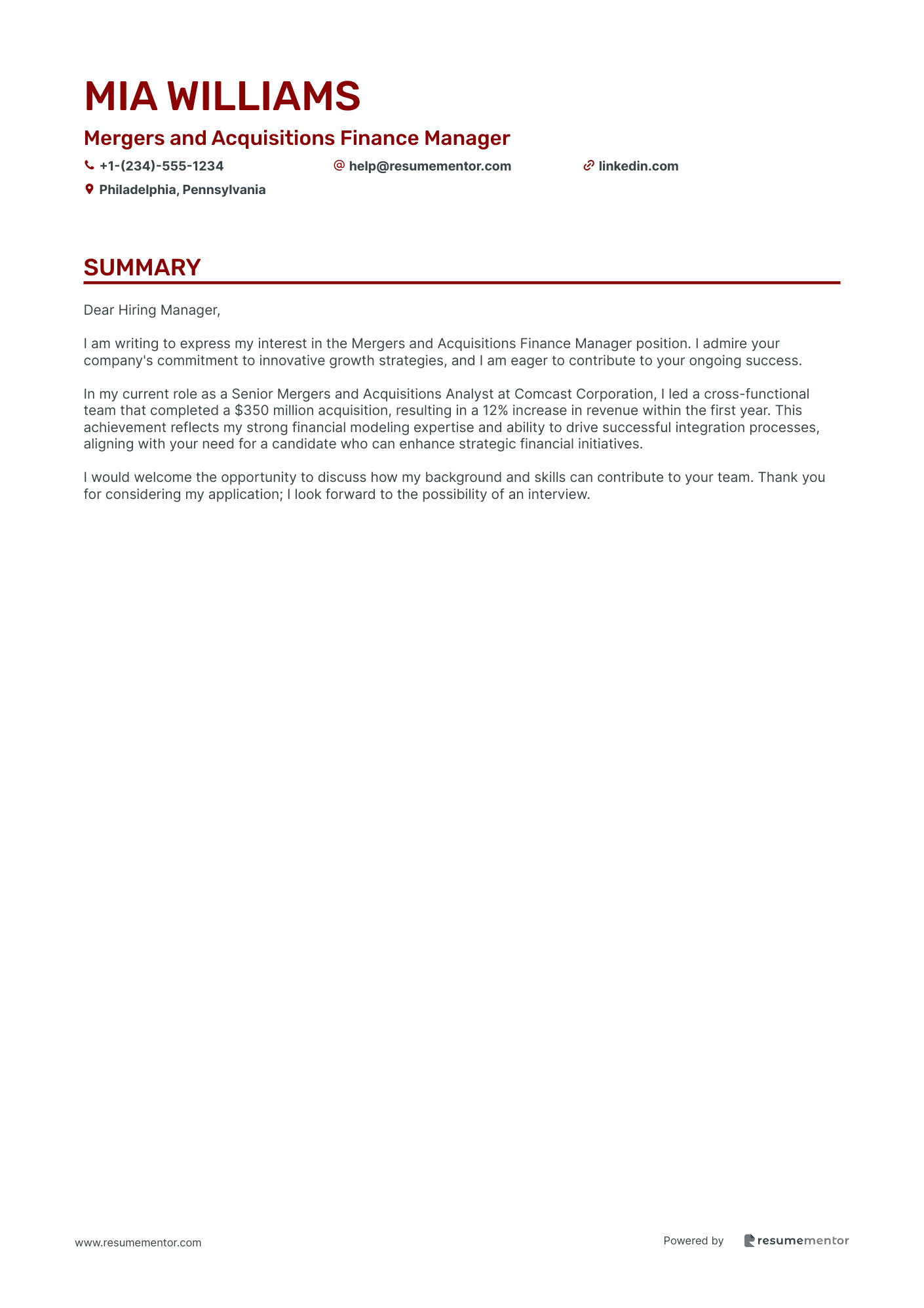 Mergers and Acquisitions Finance Manager