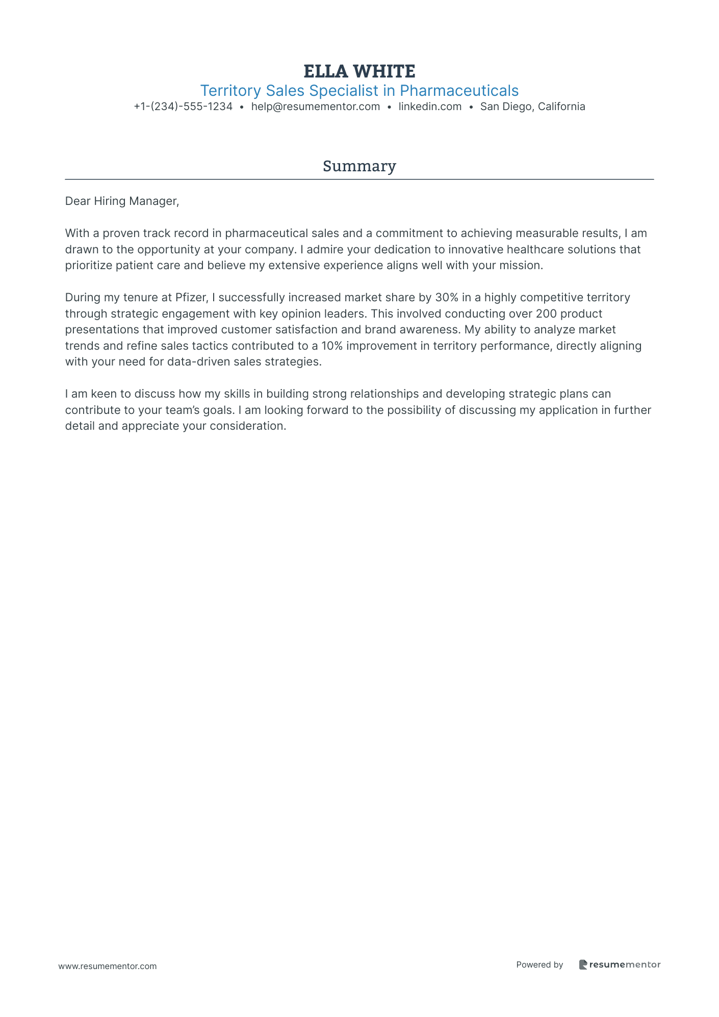Territory Sales Specialist in Pharmaceuticals