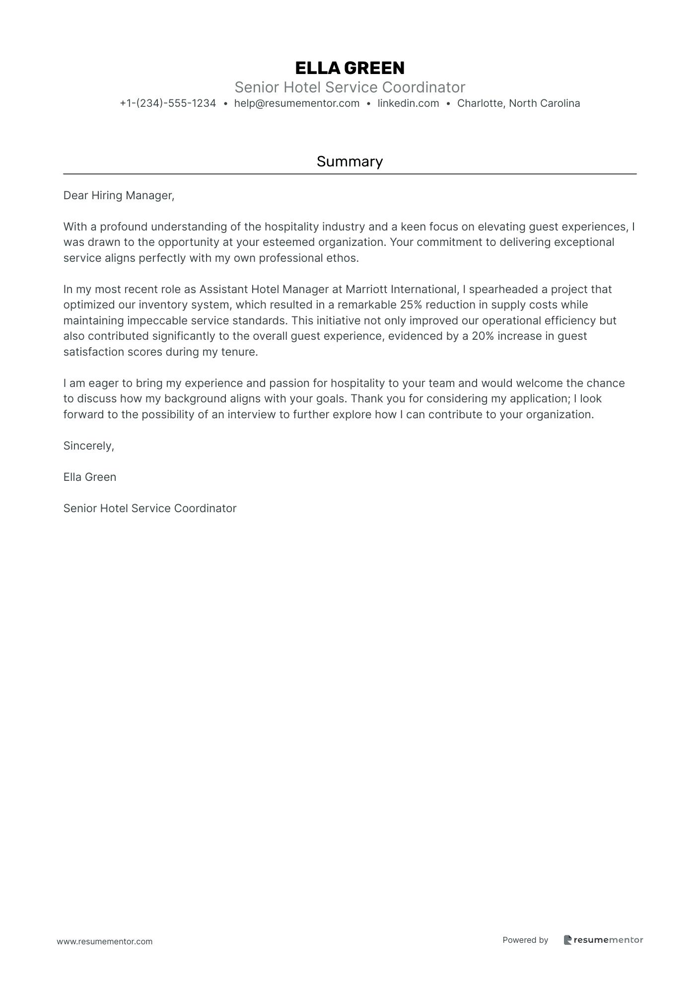 Senior Hotel Service Coordinator