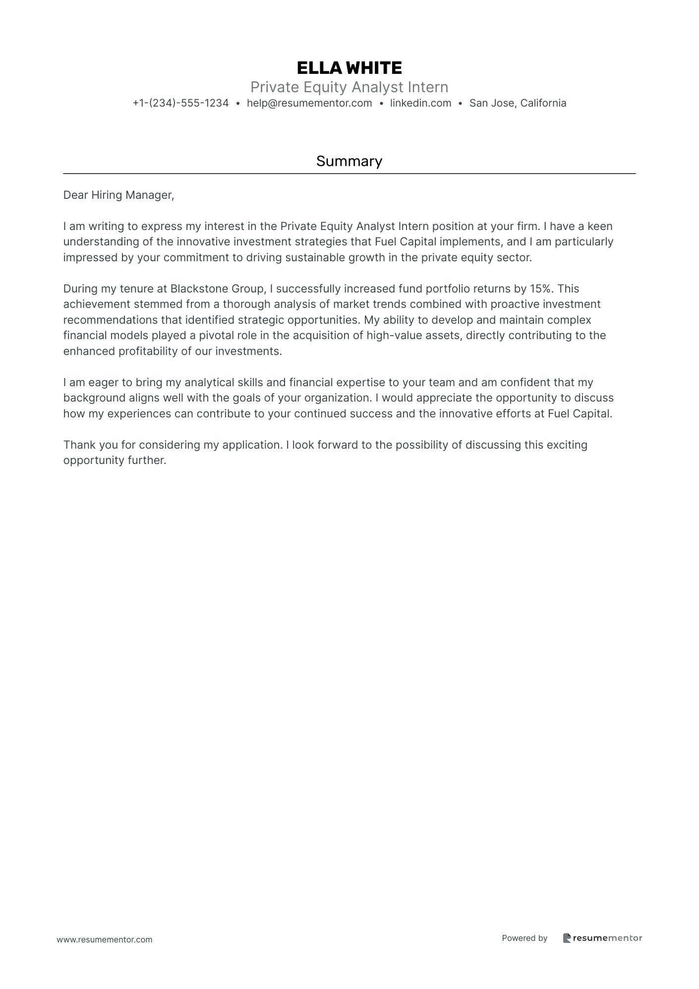 Private Equity Analyst Intern