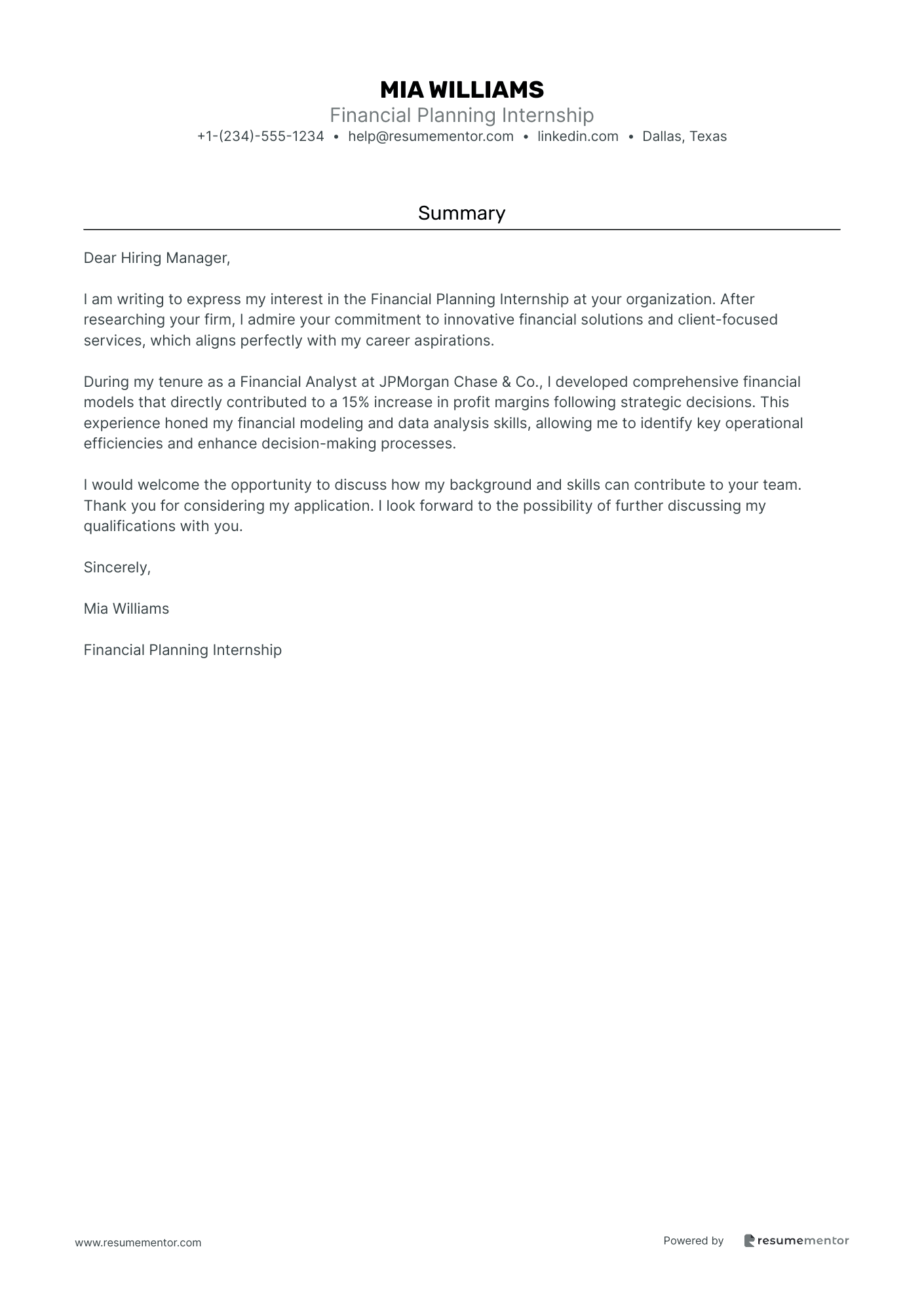 Financial Planning Internship