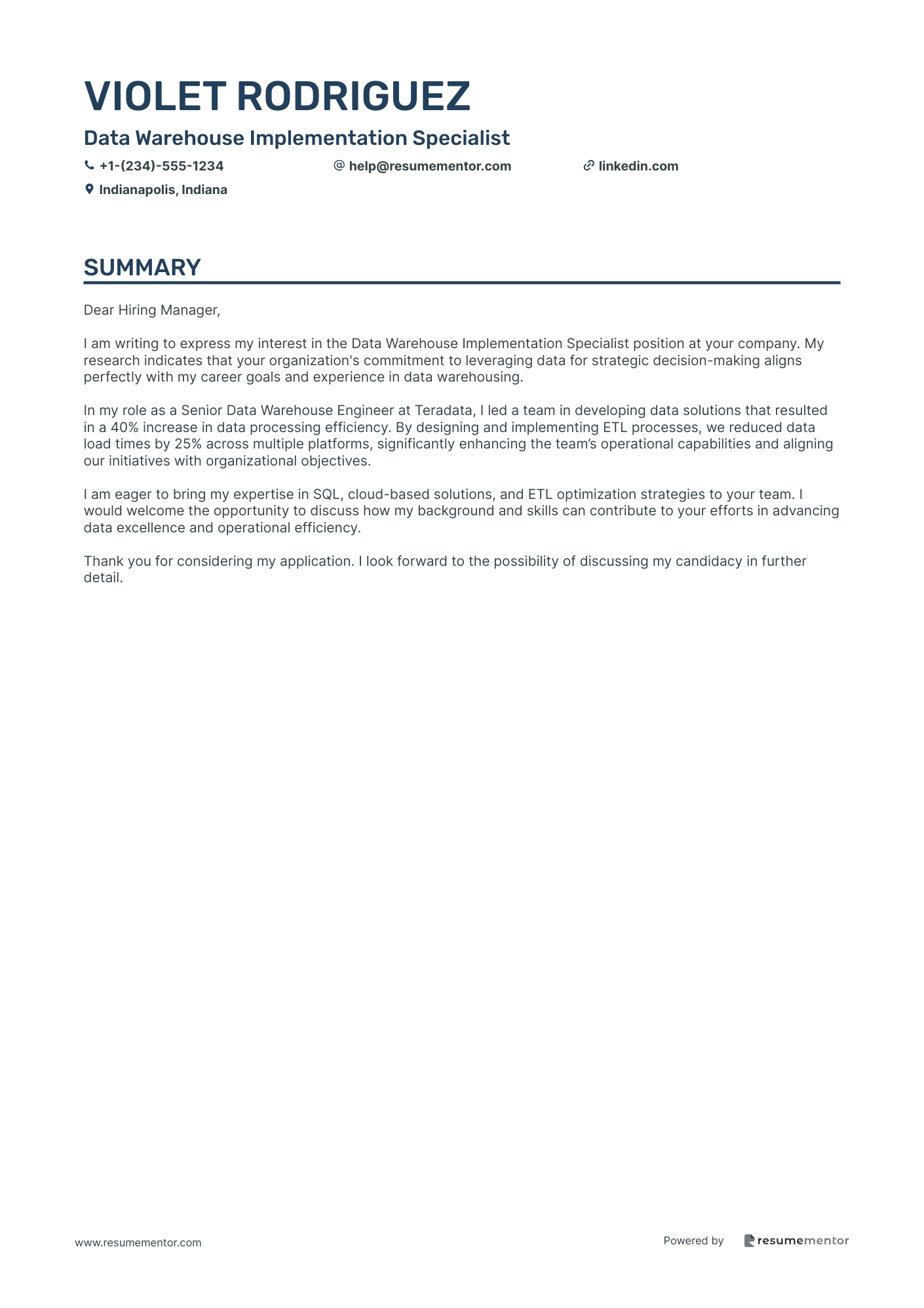 Data Warehouse Implementation Specialist