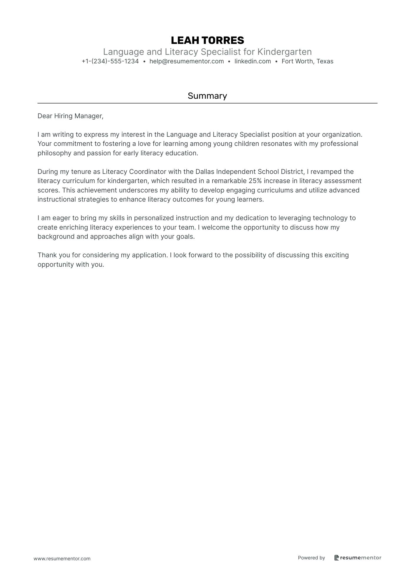 Language and Literacy Specialist for Kindergarten