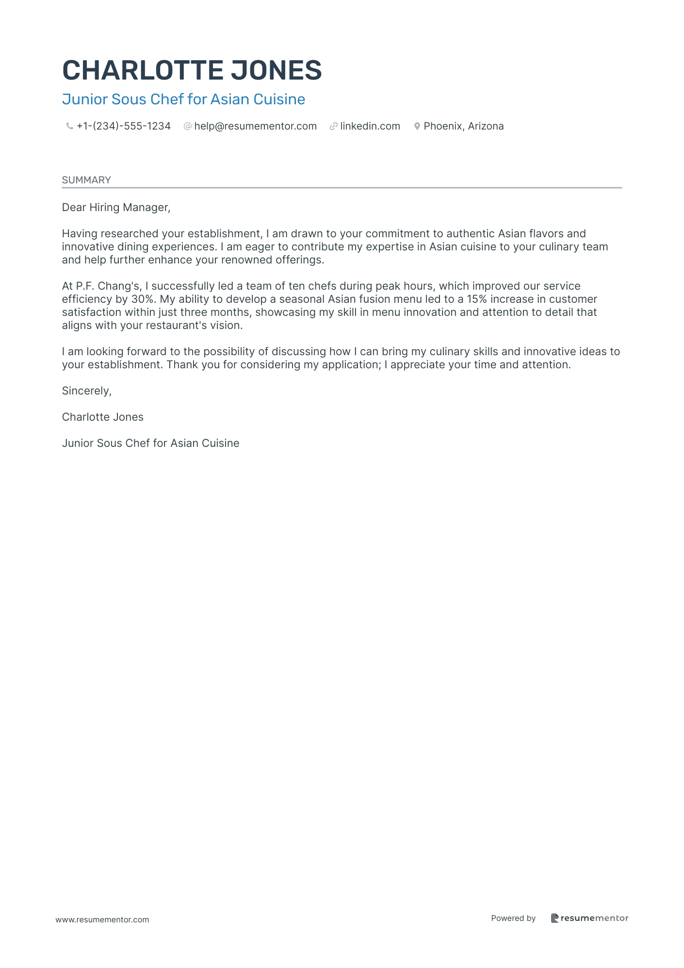 Junior Sous Chef for Asian Cuisine