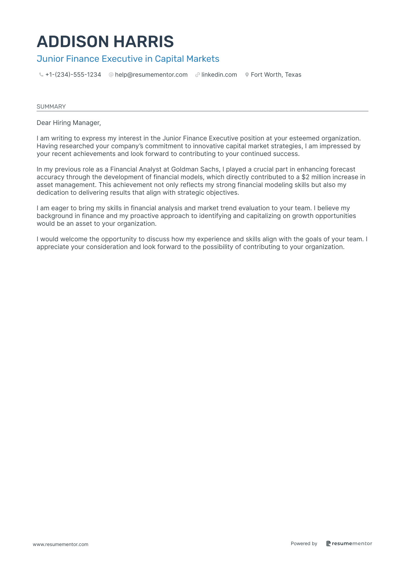 Junior Finance Executive in Capital Markets