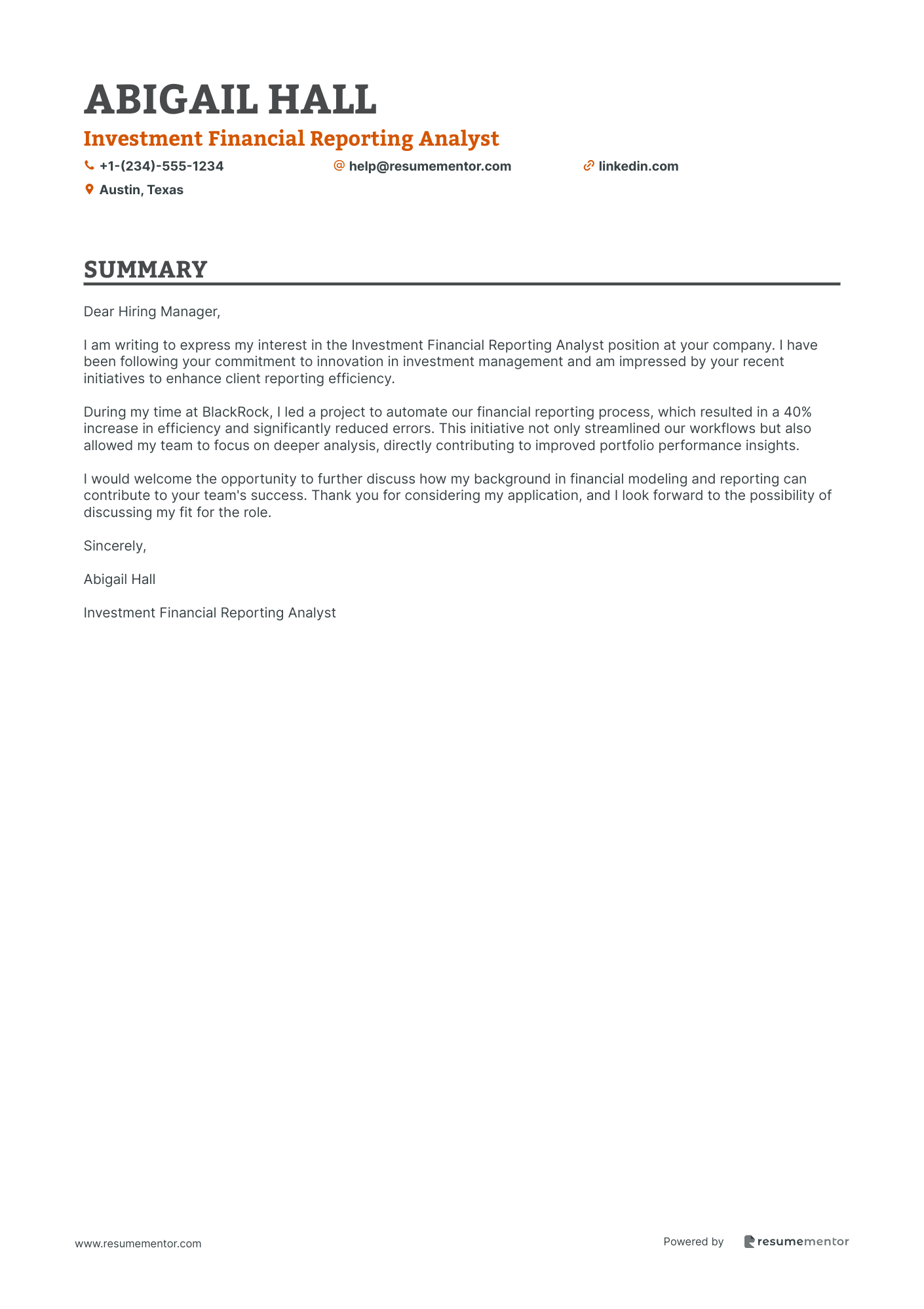 Investment Financial Reporting Analyst
