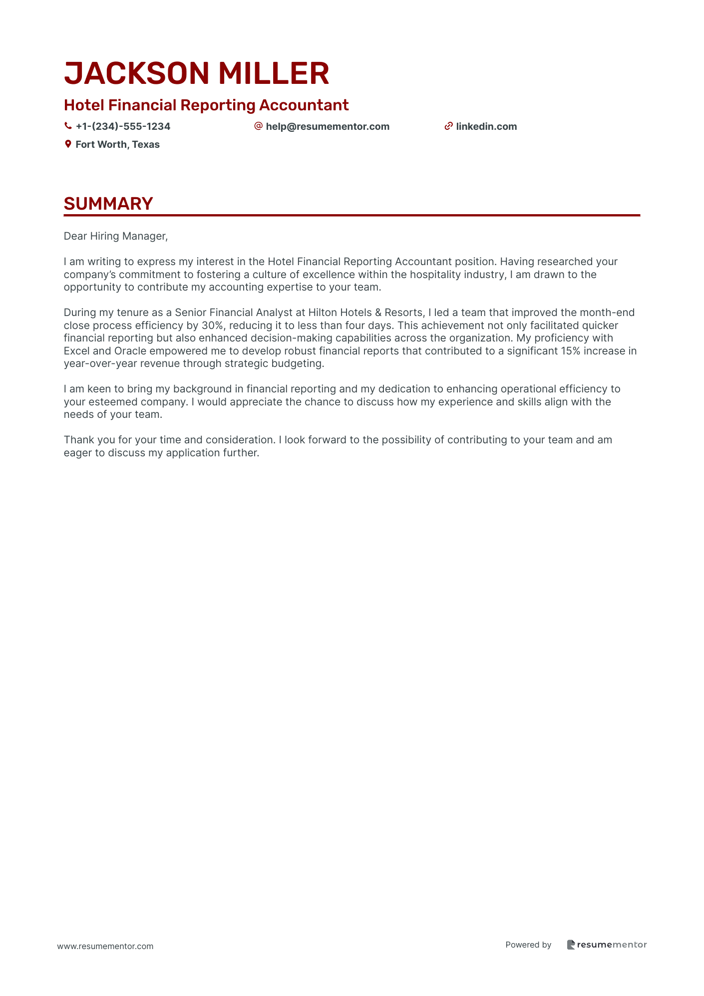 Hotel Financial Reporting Accountant