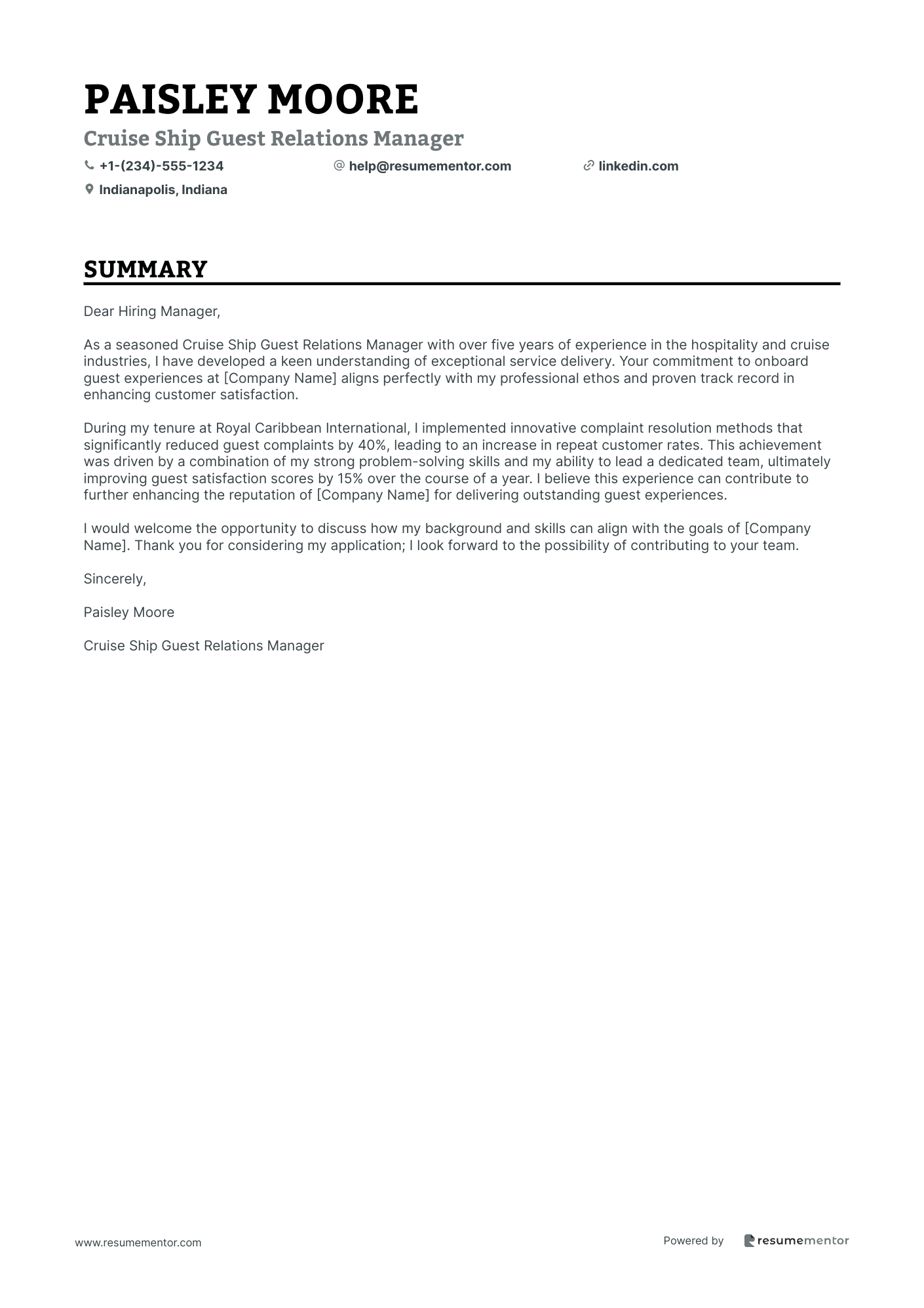 Cruise Ship Guest Relations Manager
