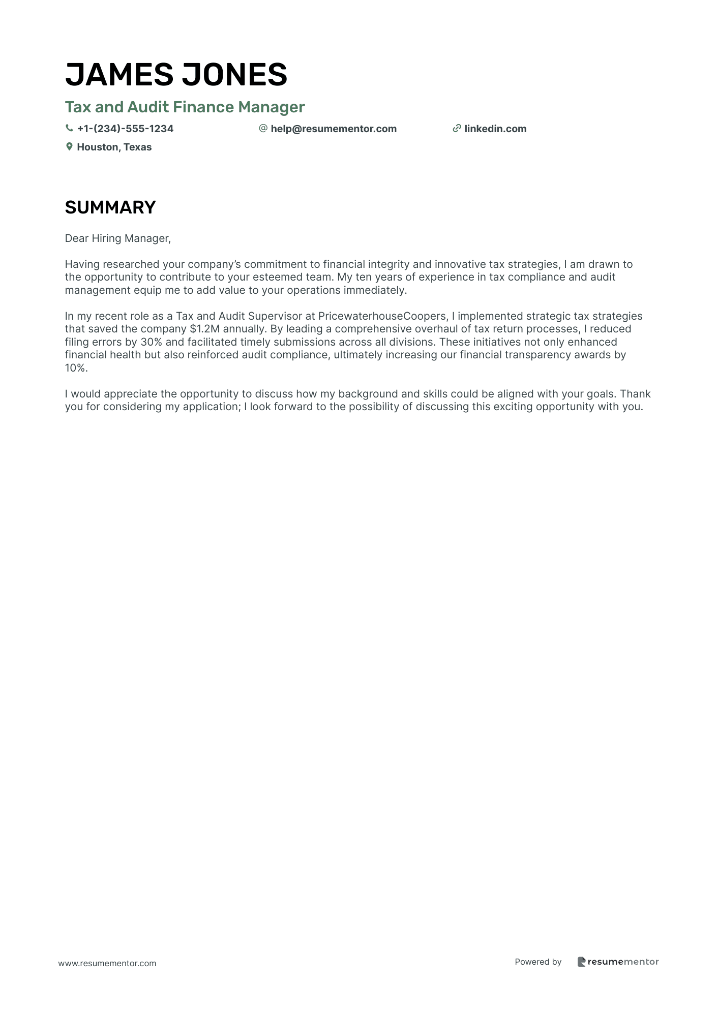 Tax and Audit Finance Manager