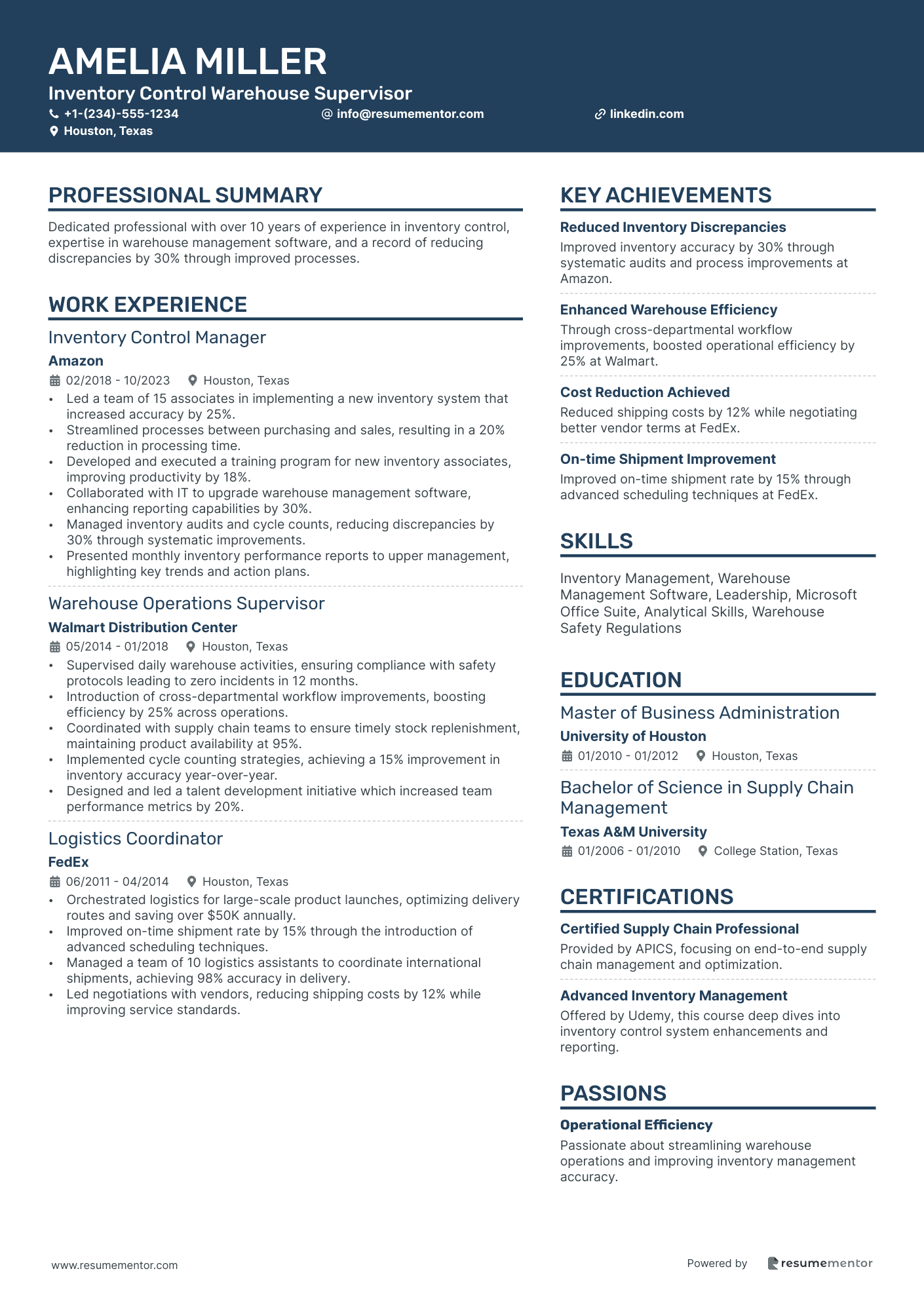 Inventory Control Warehouse Supervisor