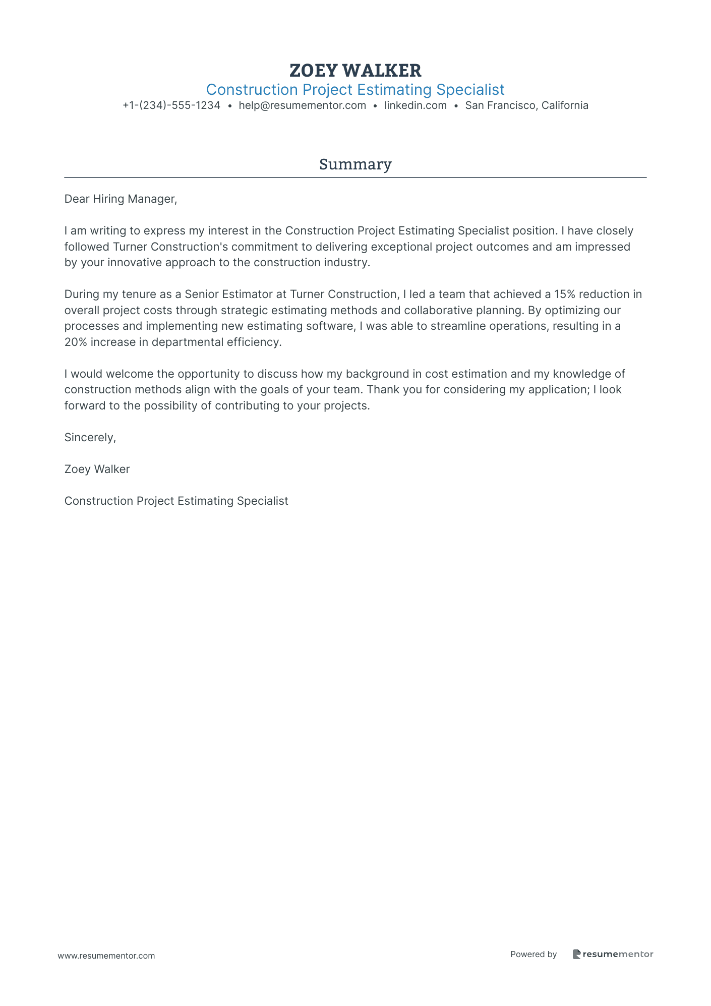 Construction Project Estimating Specialist
