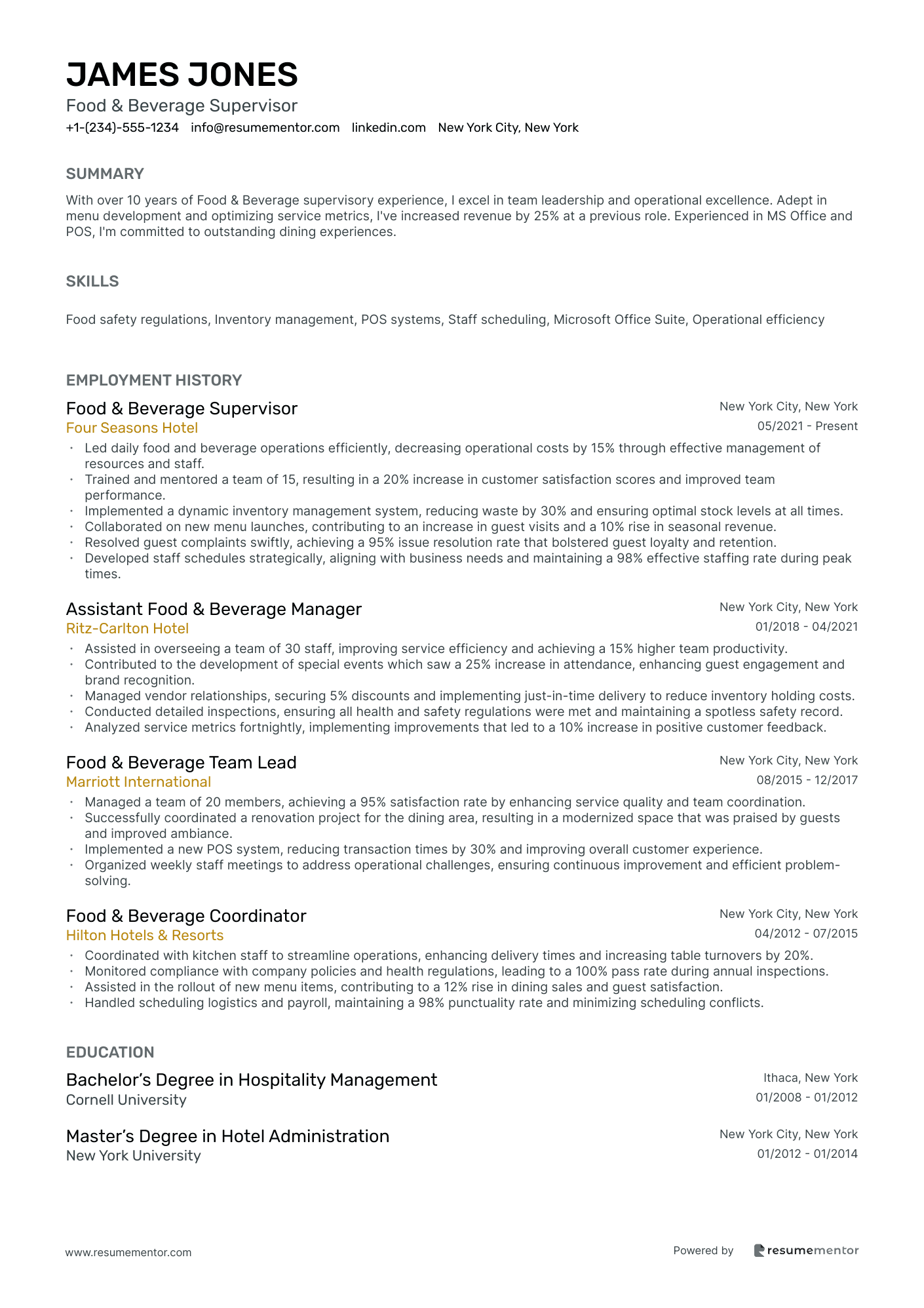Food & Beverage Supervisor