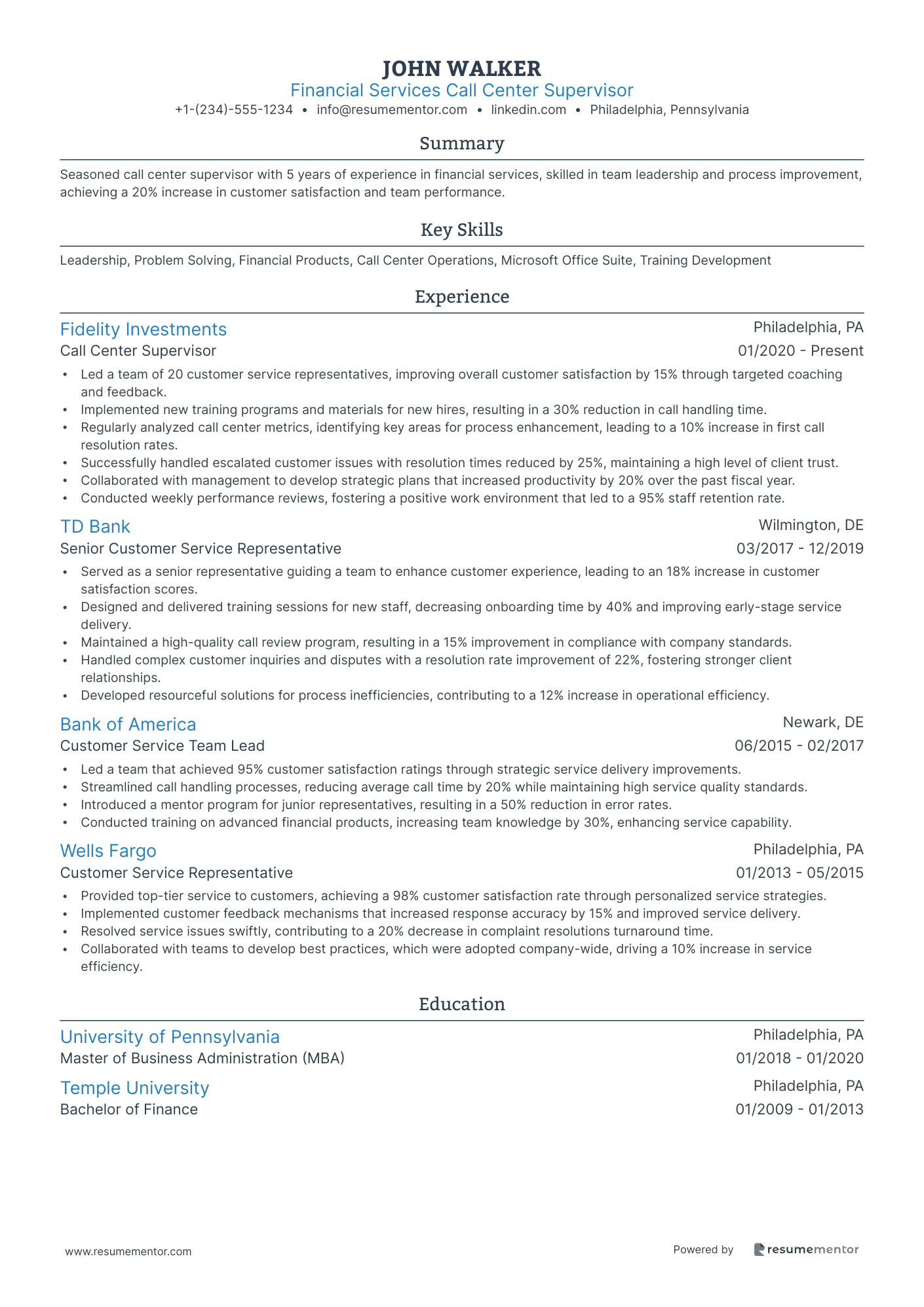 Financial Services Call Center Supervisor