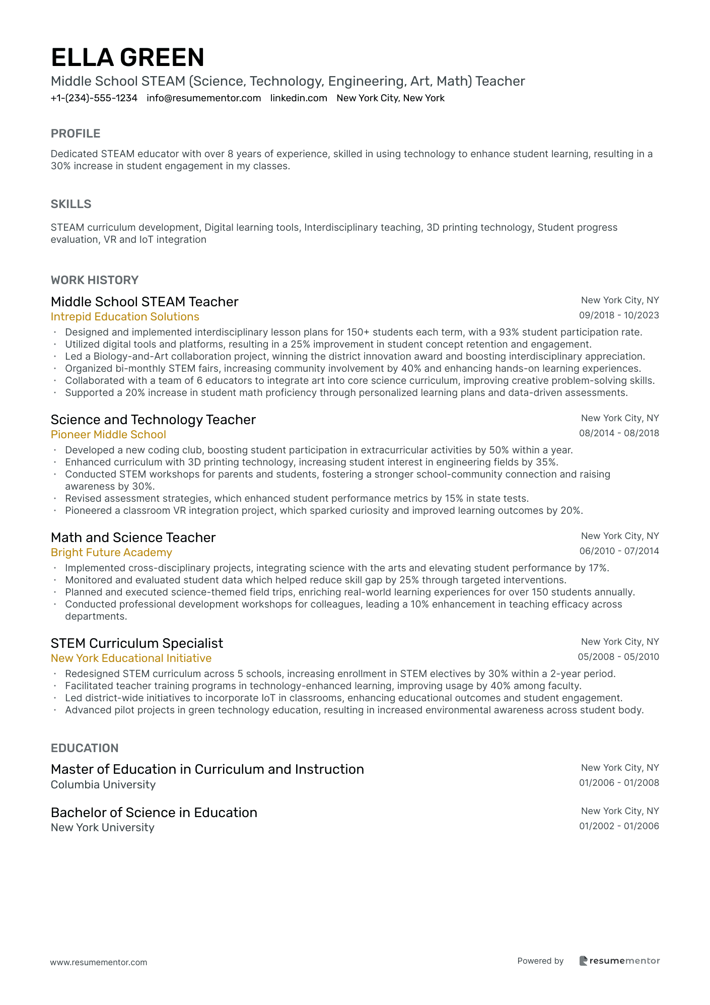 Middle School STEAM (Science, Technology, Engineering, Art, Math) Teacher