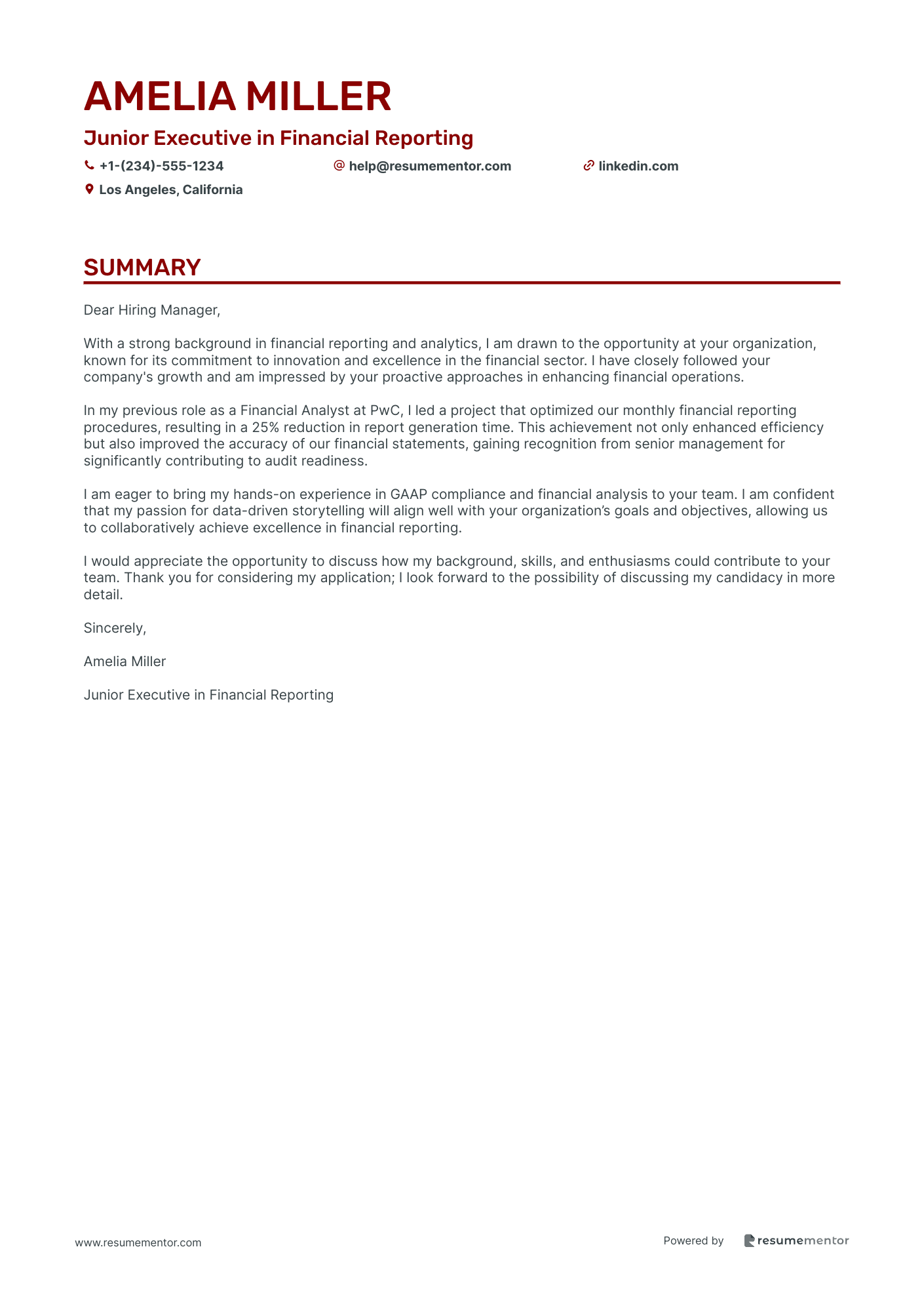 Junior Executive in Financial Reporting