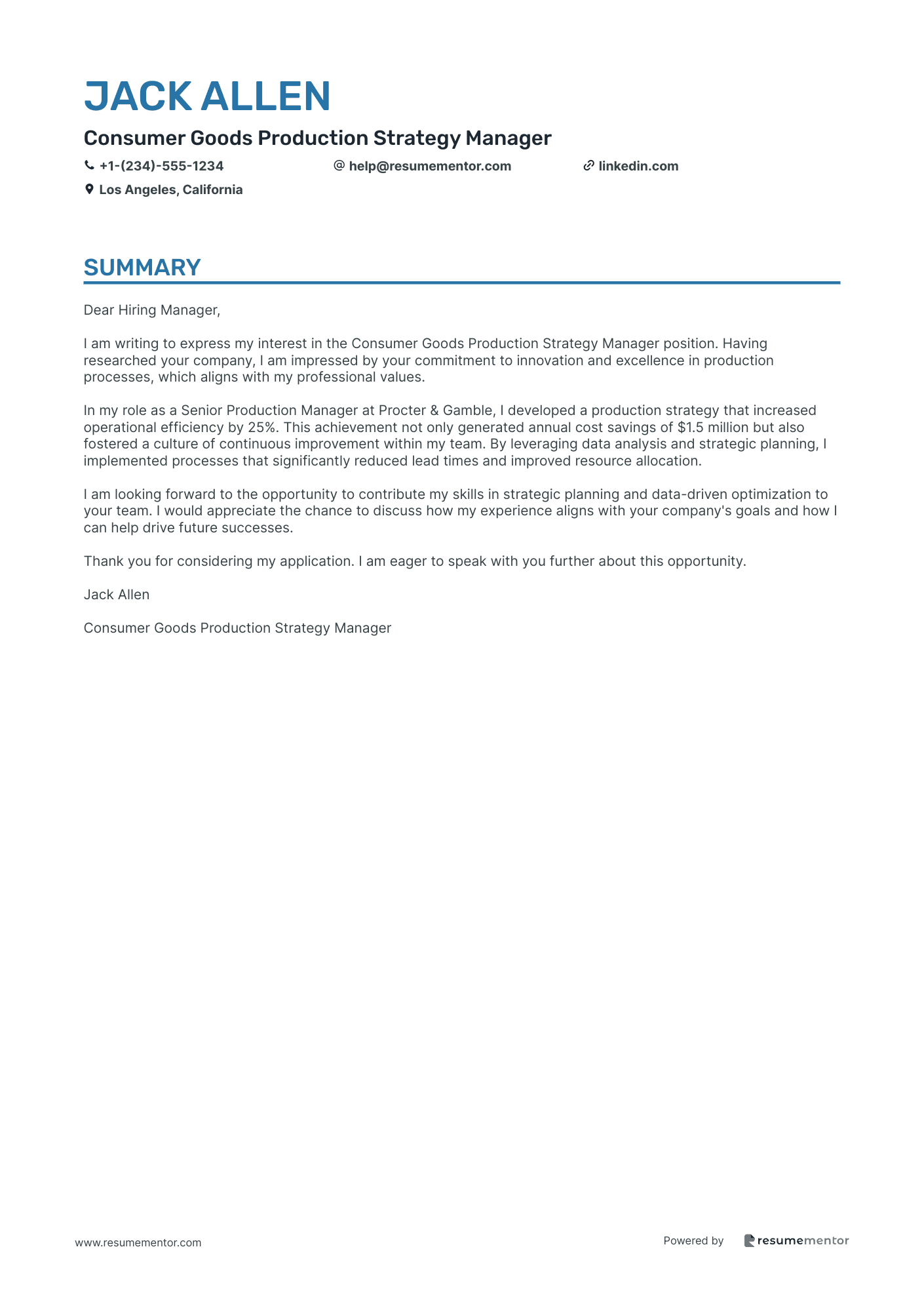 Consumer Goods Production Strategy Manager