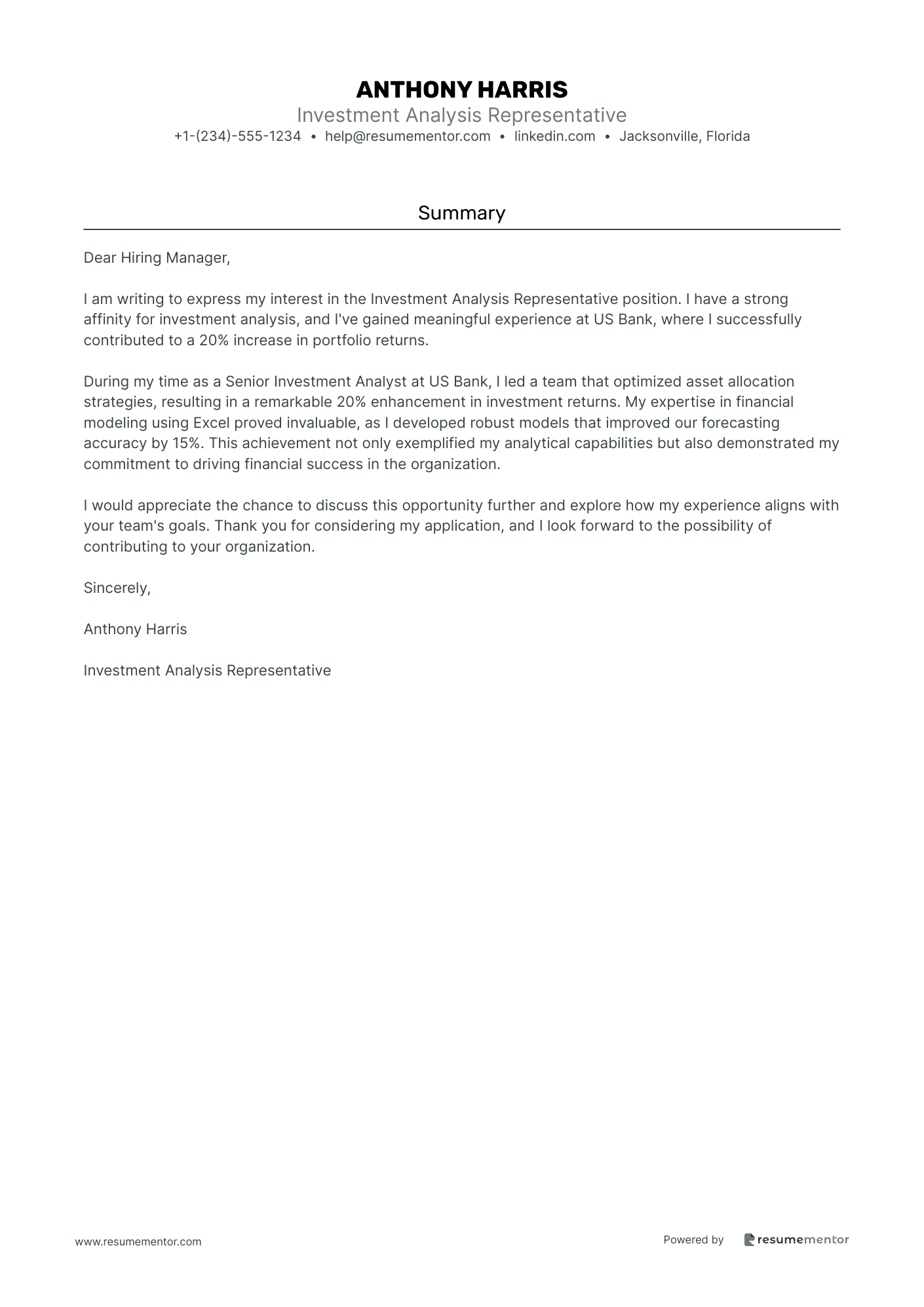Investment Analysis Representative