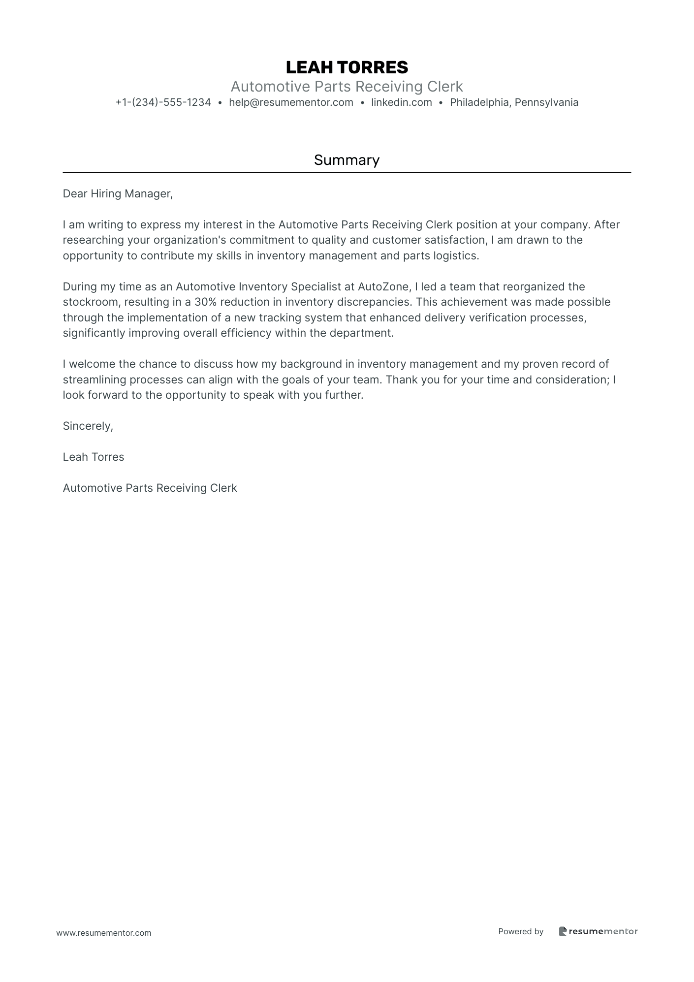 Automotive Parts Receiving Clerk