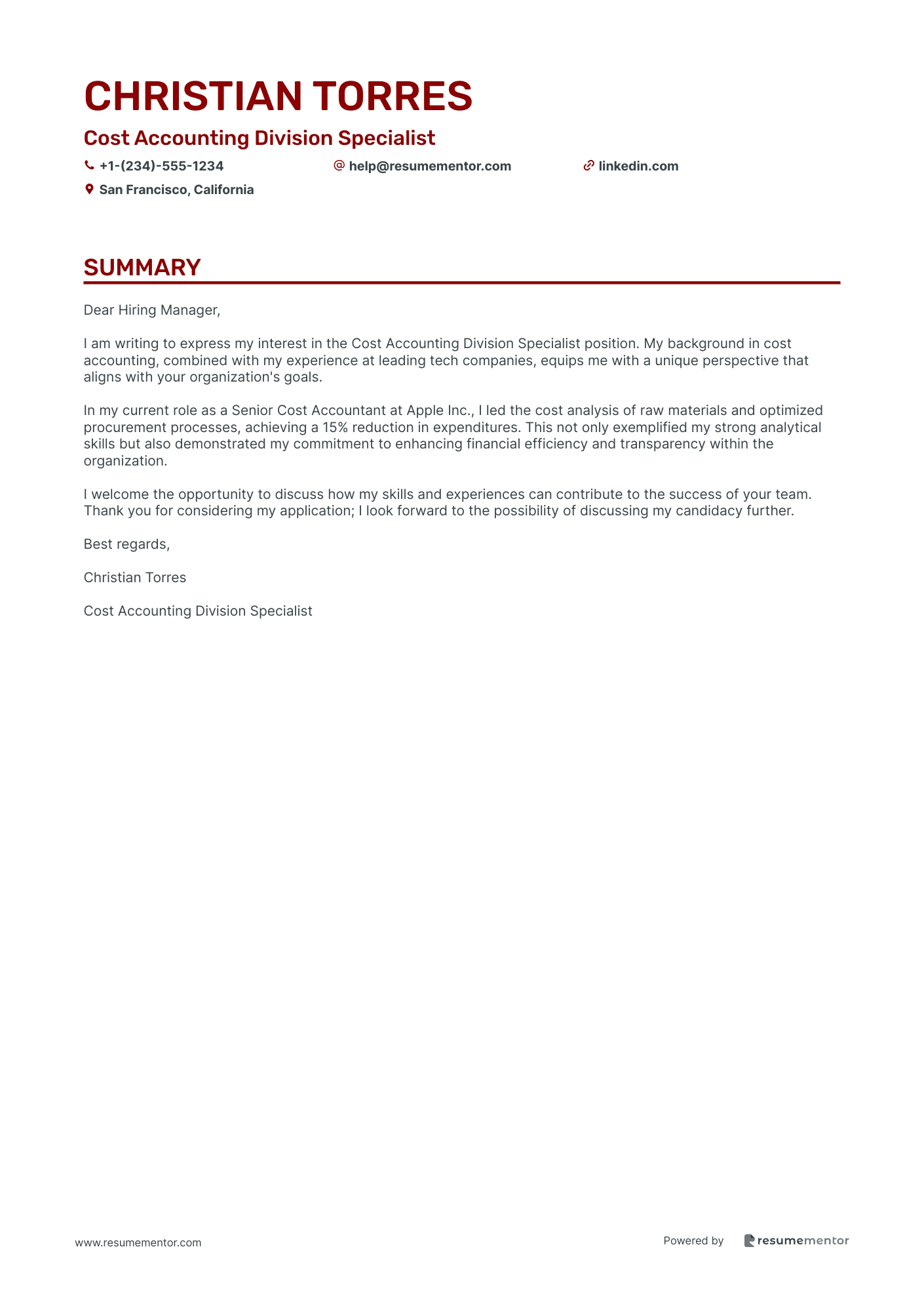 Cost Accounting Division Specialist