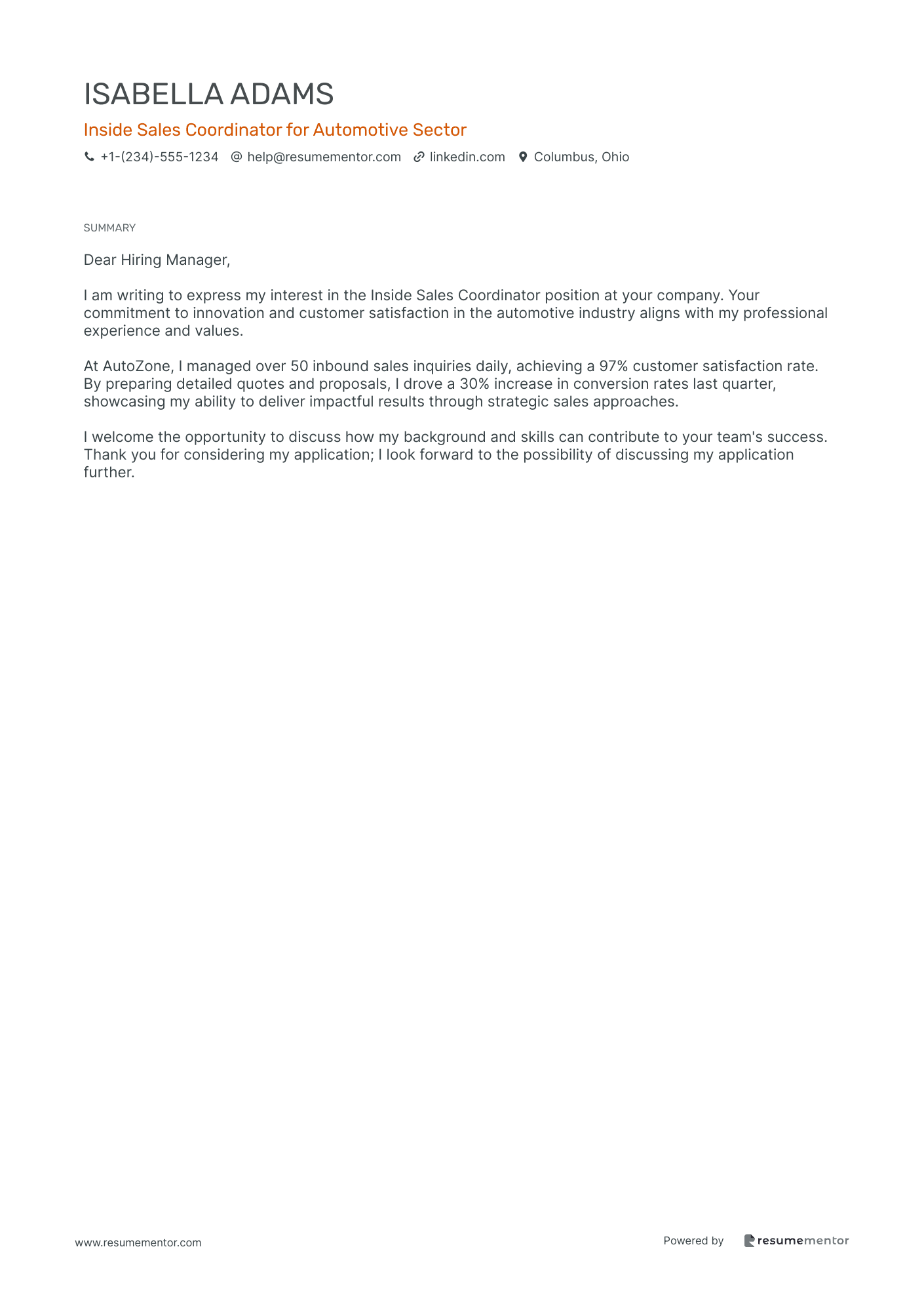 Inside Sales Coordinator for Automotive Sector