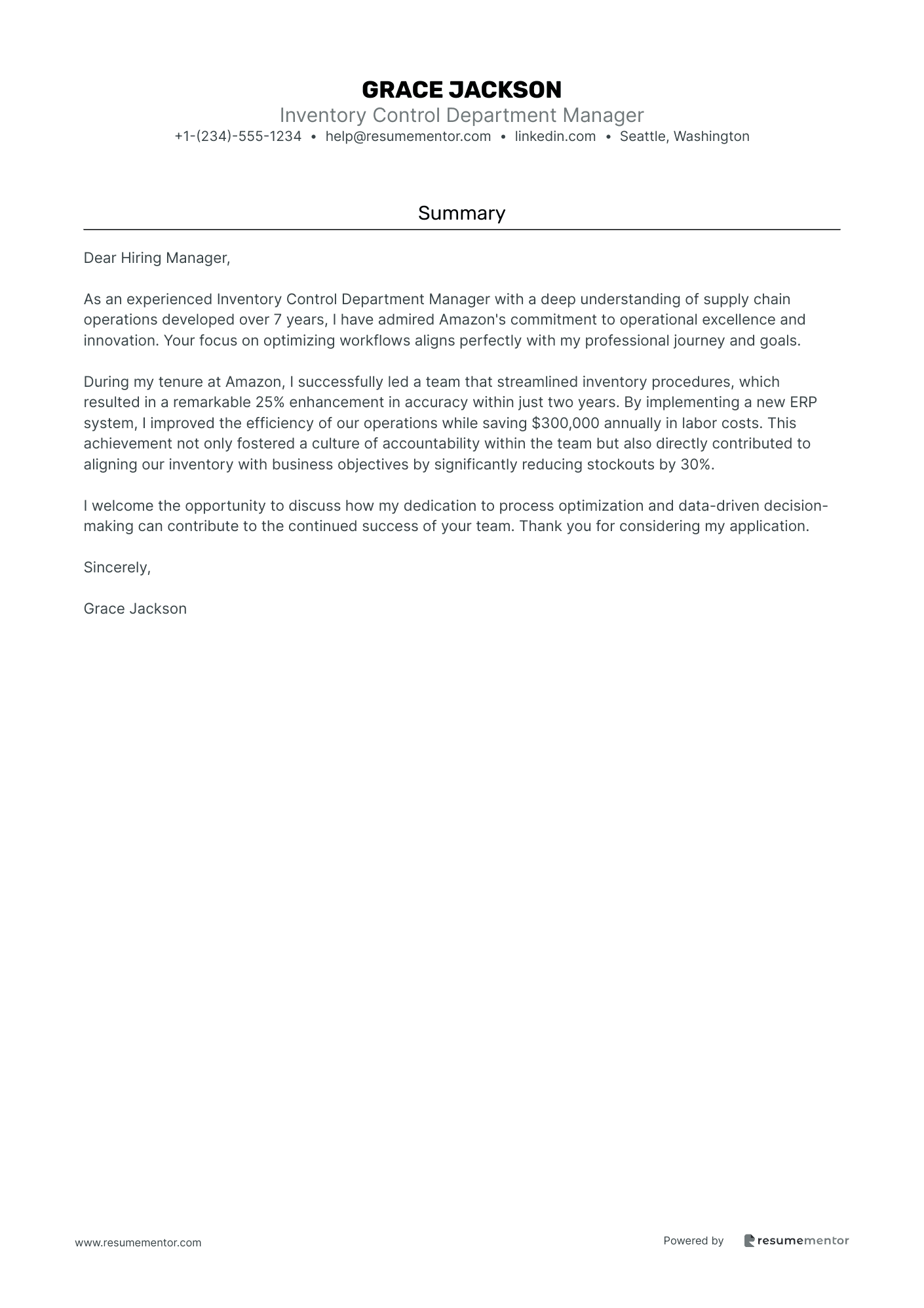 Inventory Control Department Manager