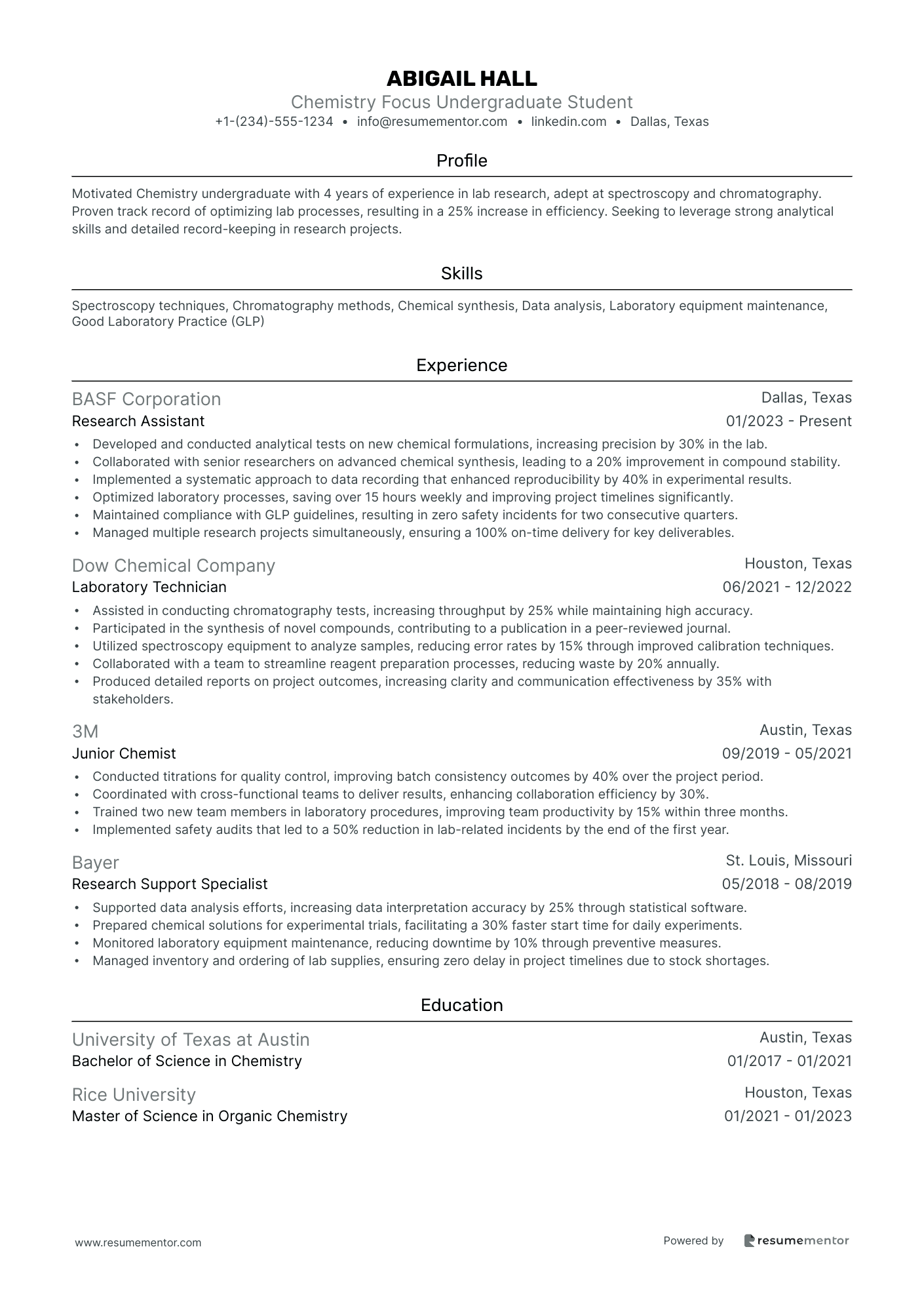 Chemistry Focus Undergraduate Student