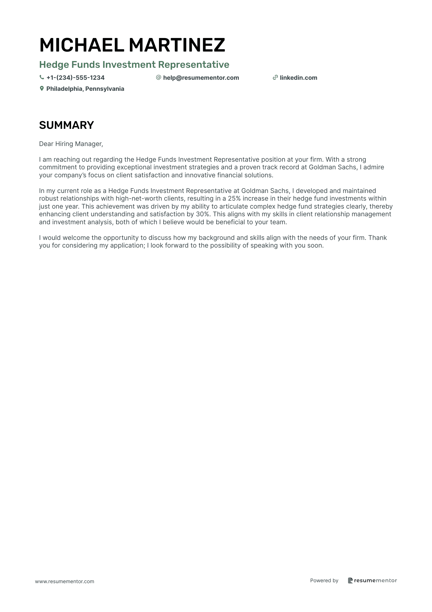Hedge Funds Investment Representative
