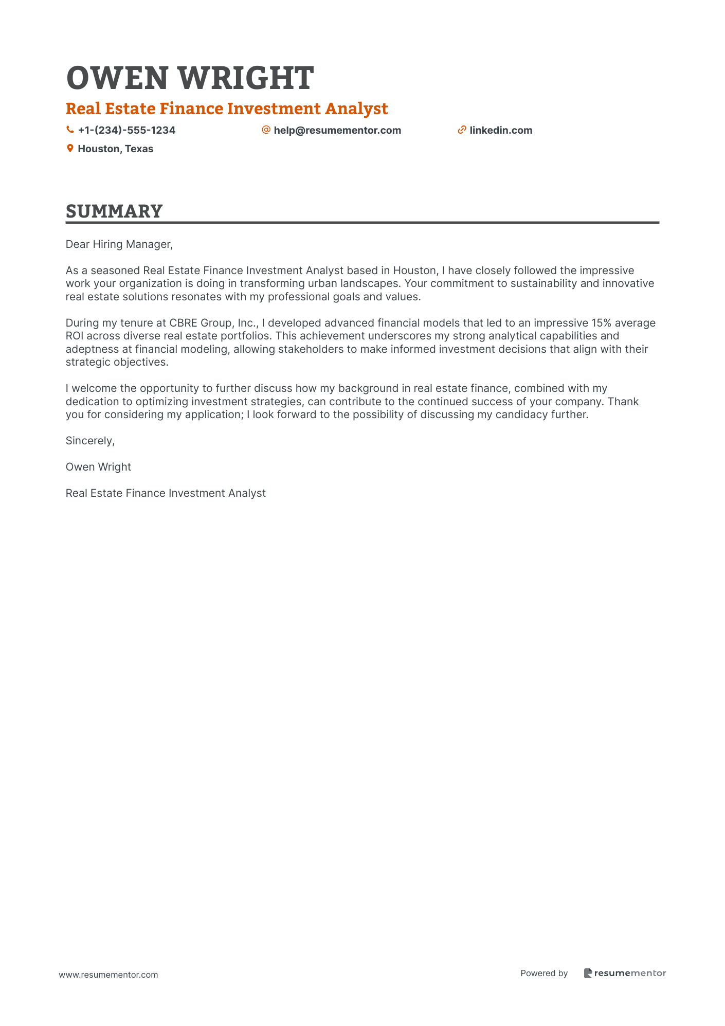Real Estate Finance Investment Analyst