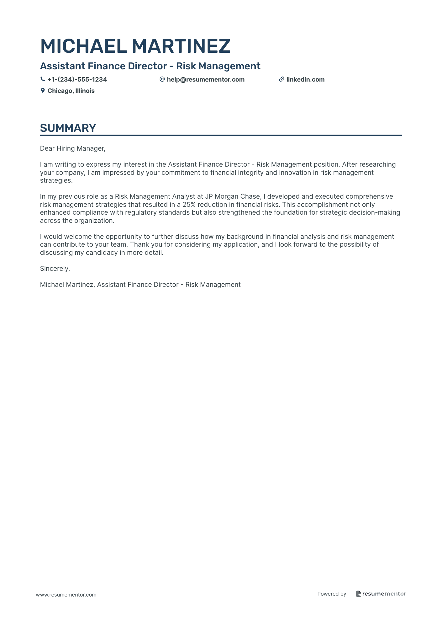 Assistant Finance Director   Risk Management