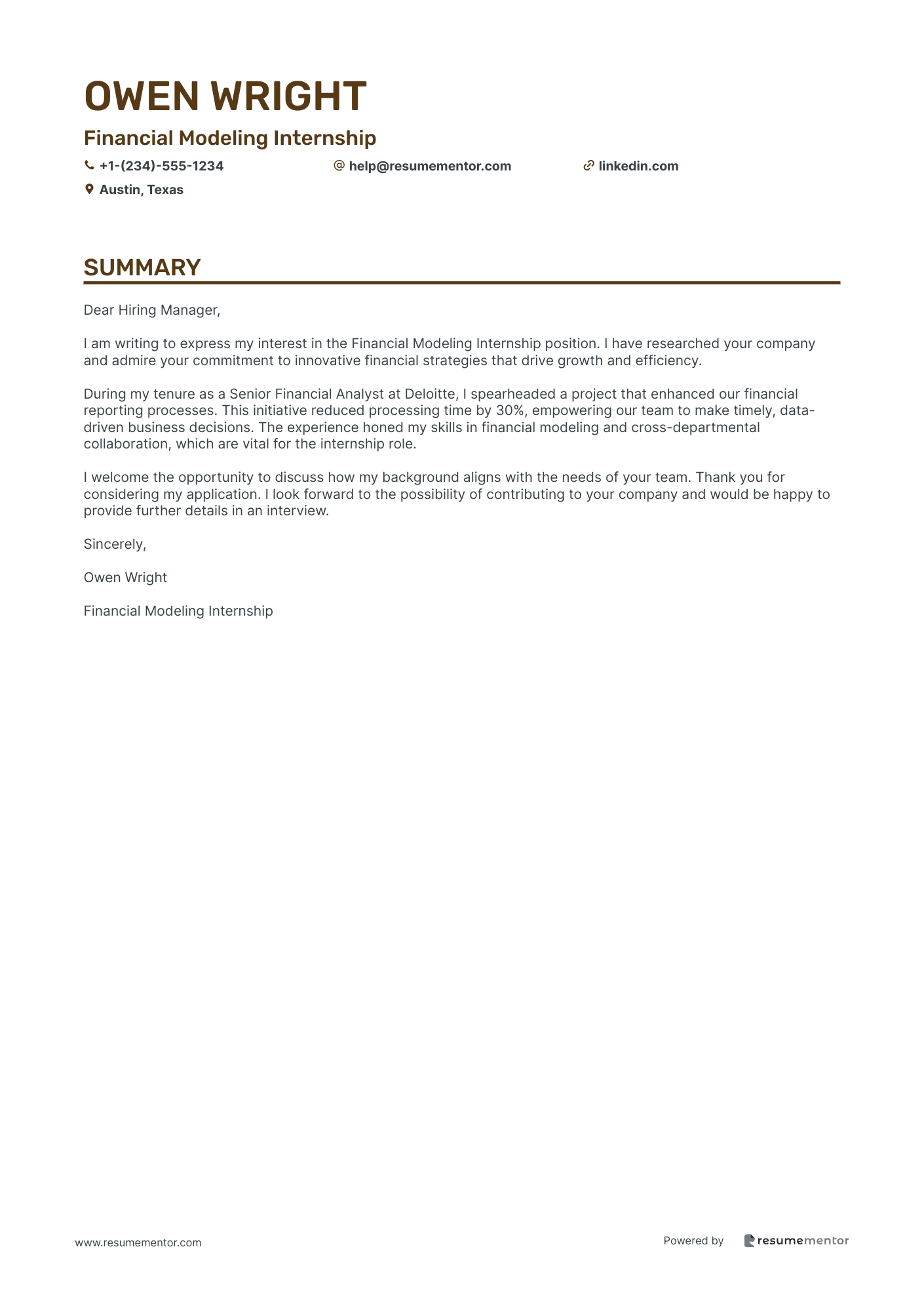 Financial Modeling Internship